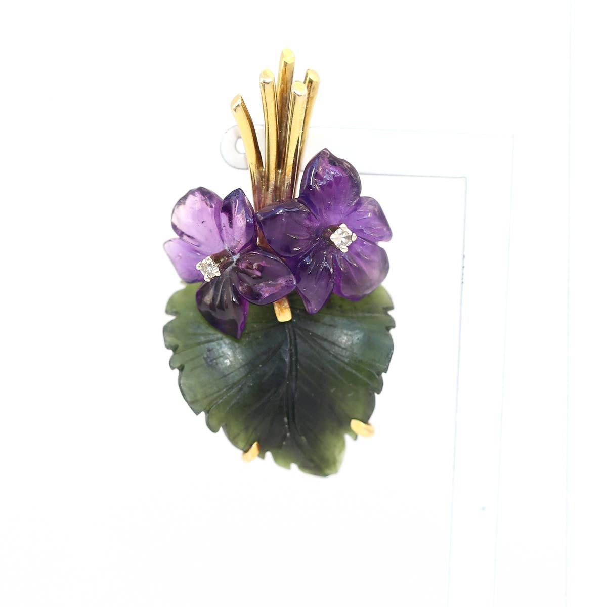 Violet Flower Bouquet Amethyst Jade Diamond Gold Brooch Pin, 1950 1