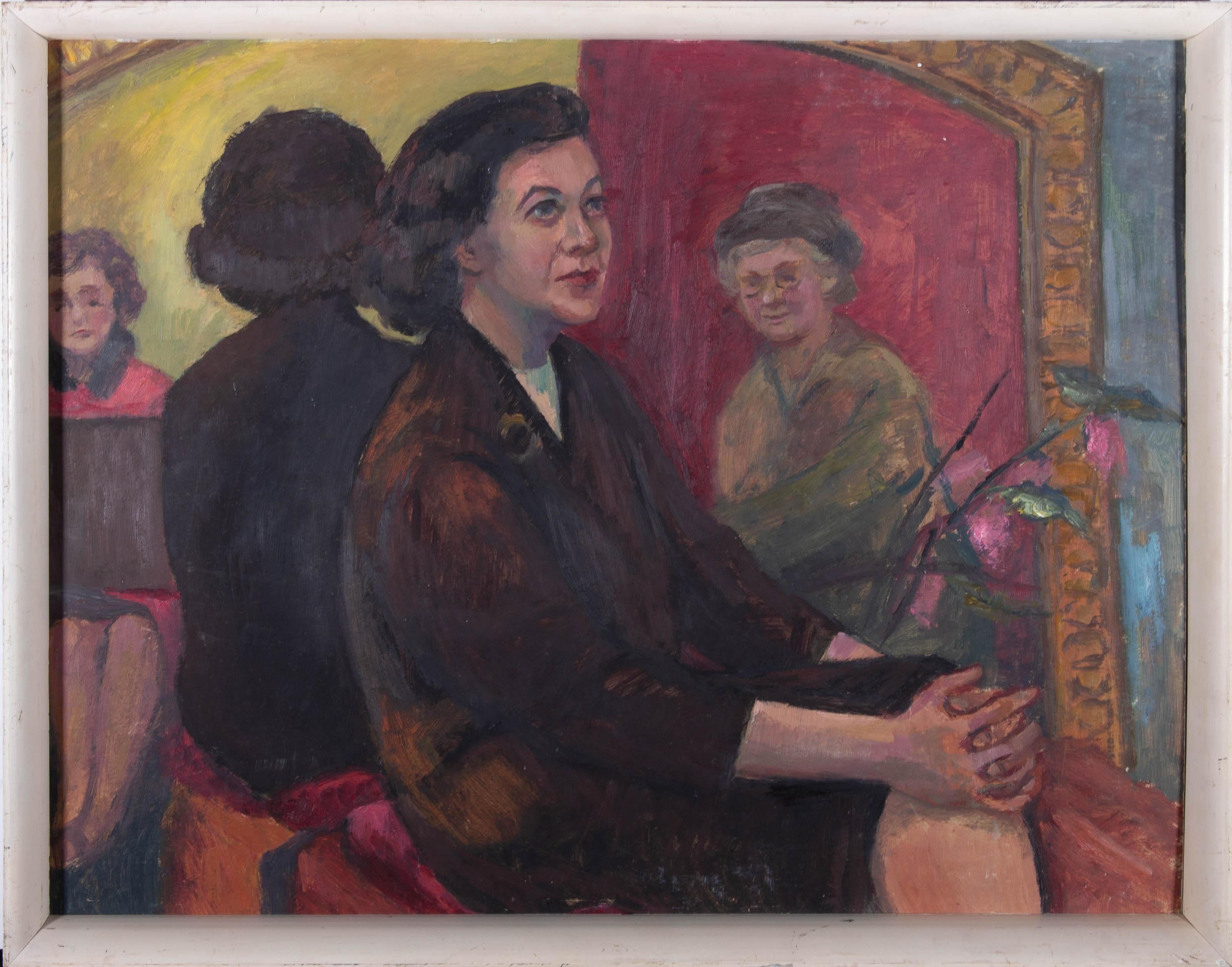 This bold study depicts a female model in centre of a art group circle with two woman in the background painting her. With pinned hair and hands clasped in her lap, the woman in focus looks to the ceiling with a soft expression. Painted in