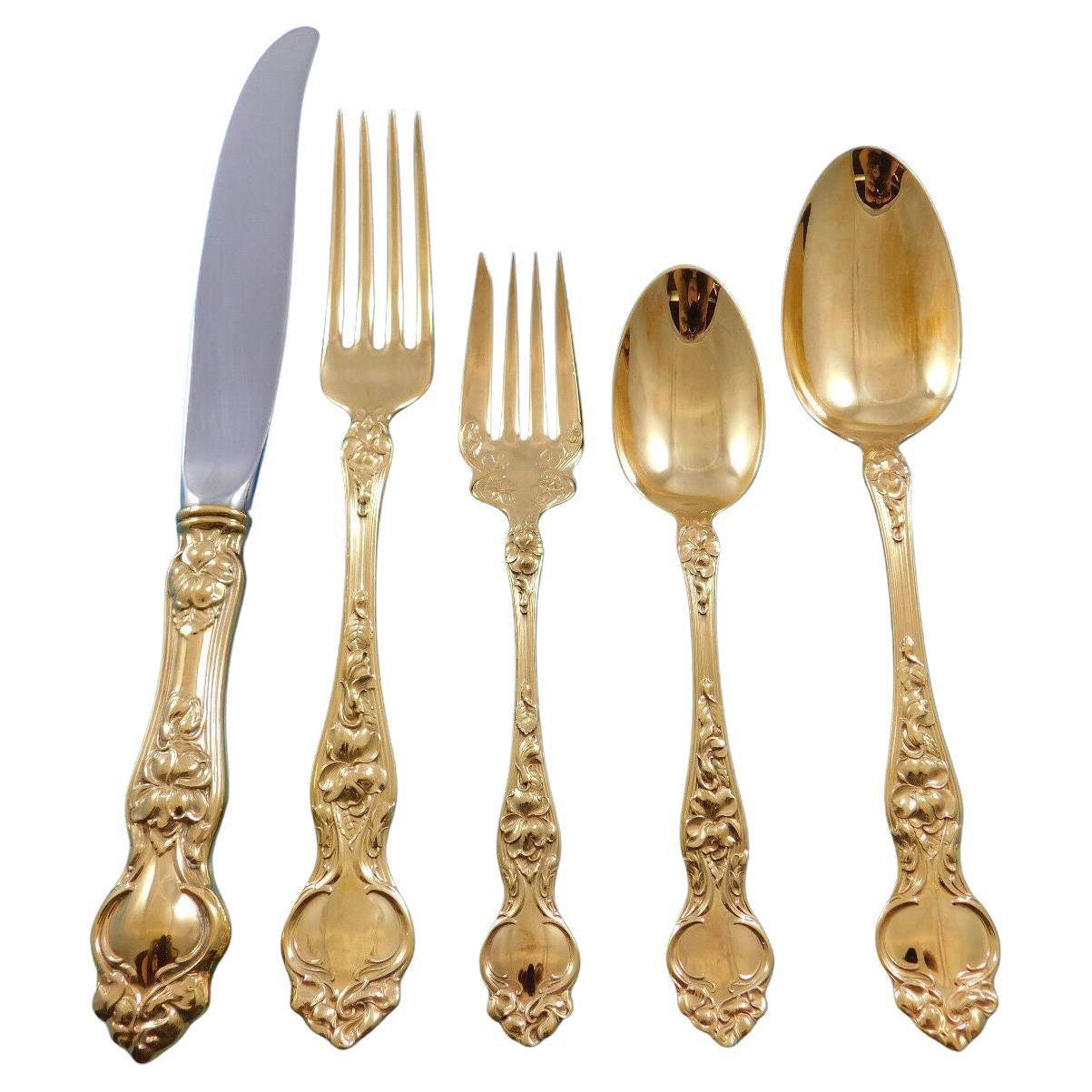 Violet Gold by Wallace Sterling Silver Flatware Set Service Dinner Size 61 Pcs For Sale