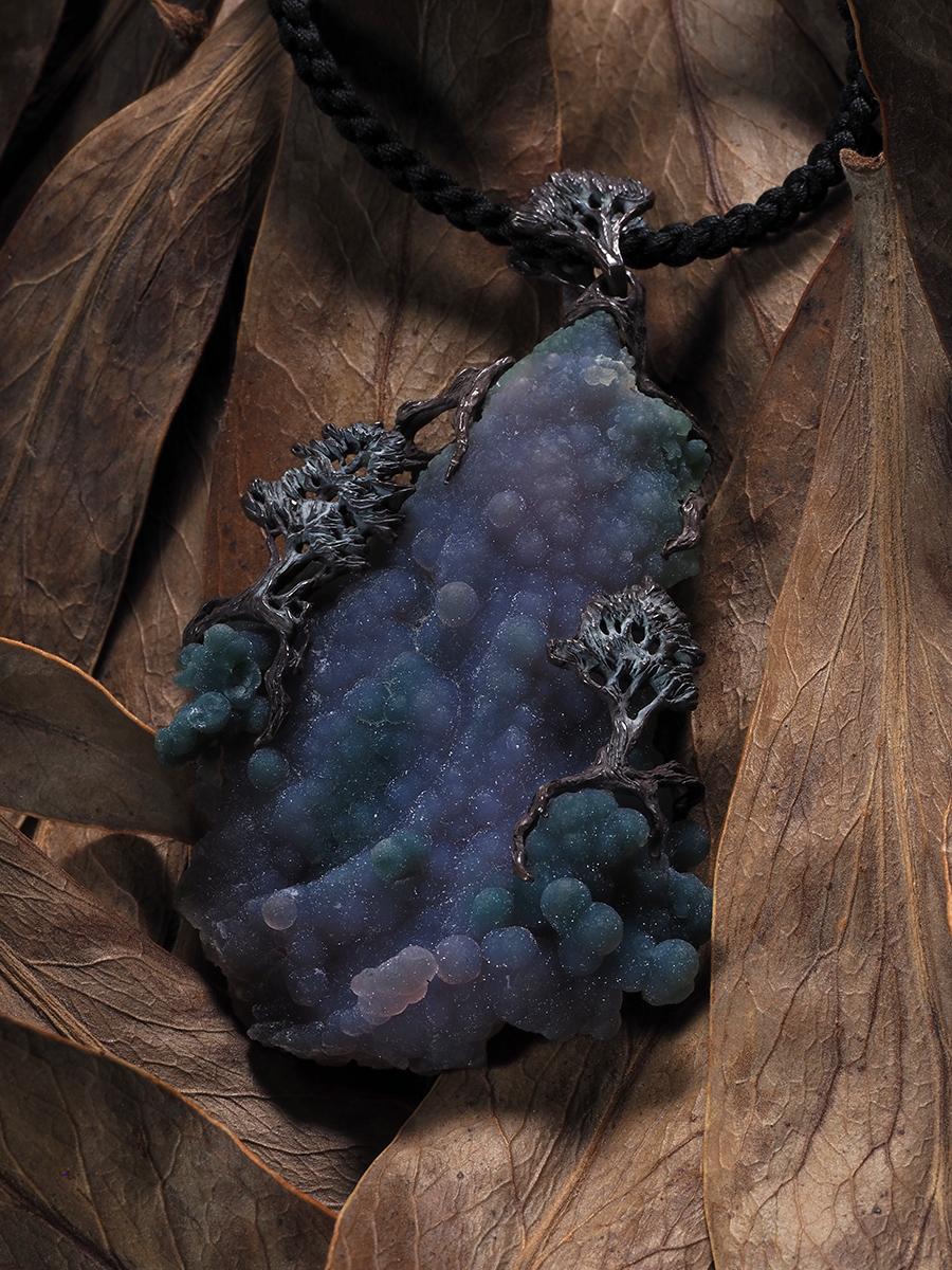 Violet Grape Chalcedone black silver pendant Bonsai style gift LOTR style friend For Sale 1