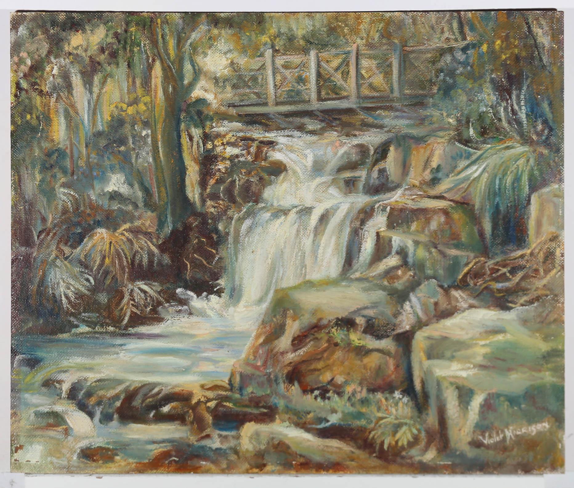 Violet Harrison - Mid 20th Century Oil, Watersmeet Waterfall For Sale 1