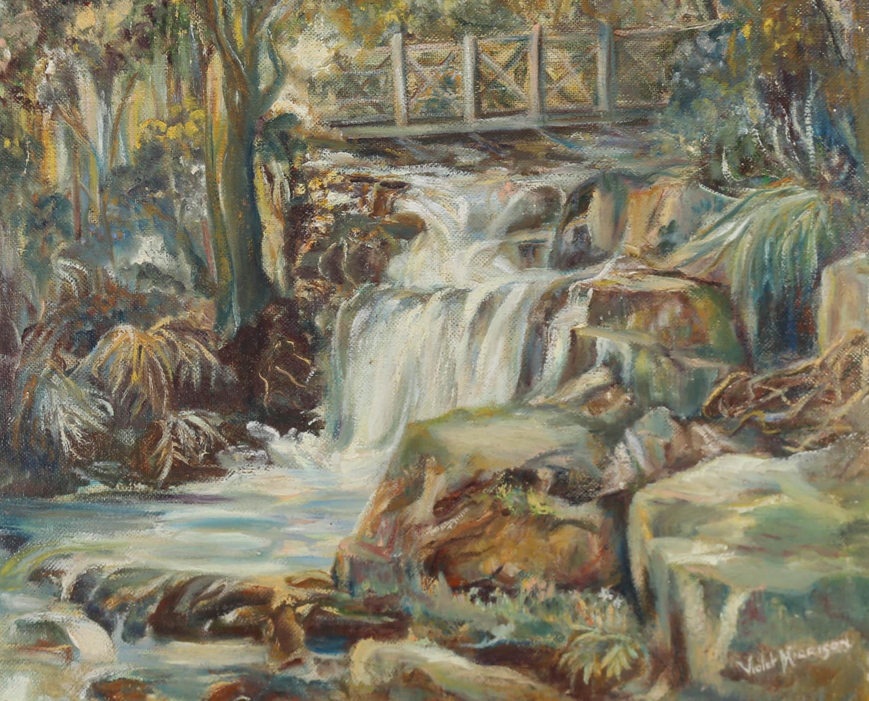 Captured in energetic earthy tones is this impressionistic scene of Watersmeet waterfall in Devon. A spot recognised by the National Trust for its outstanding natural beauty. From this perspective water can be seen gushing over smooth eroded rocks,