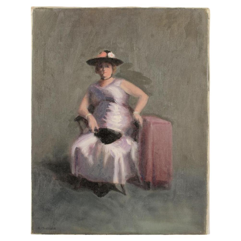 "Violet Madame" Portrait Oil Painting by A. Nichols, Mid 20th Century.