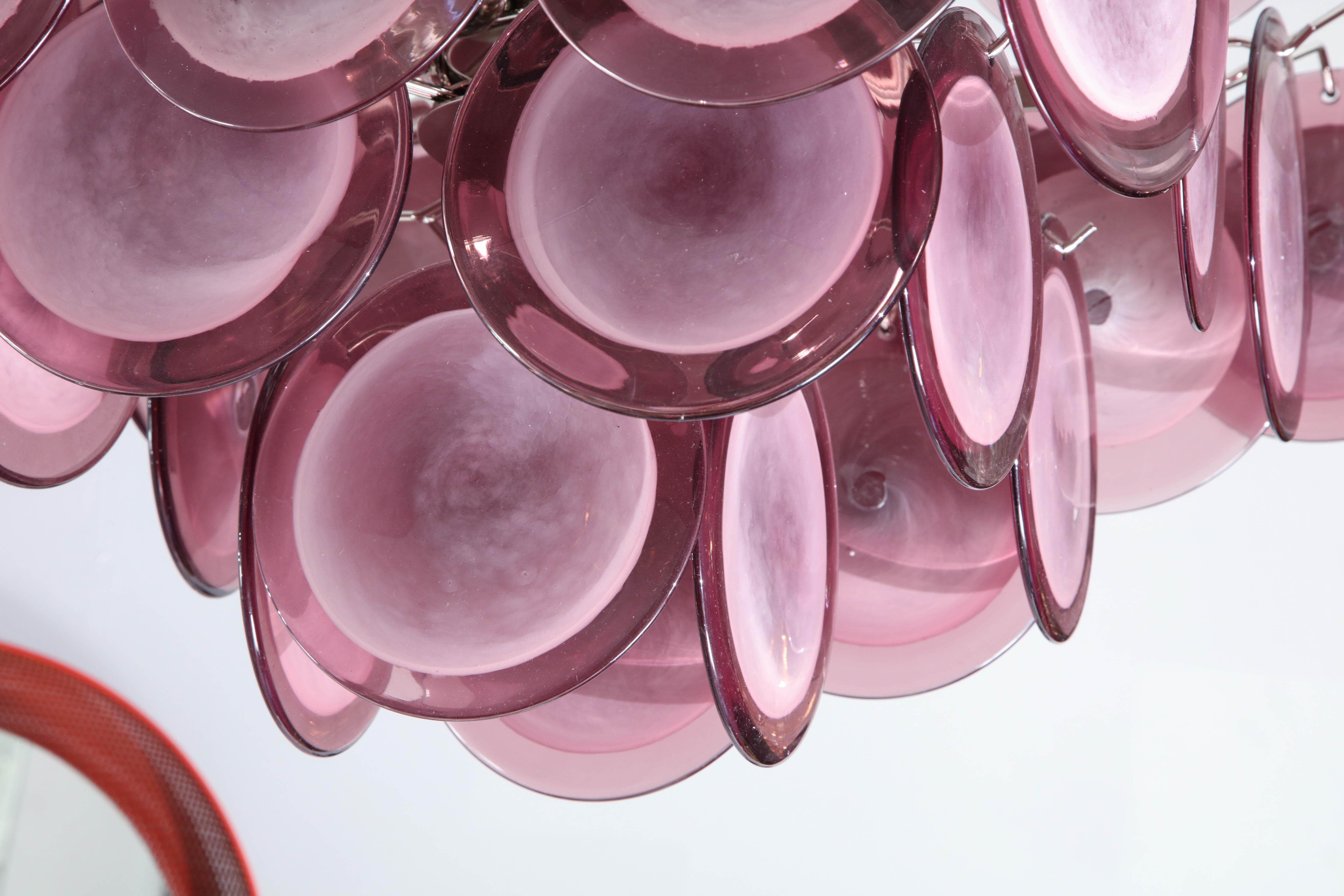 Contemporary Pagoda-Style Amethyst Murano Glass Disc Chandelier For Sale