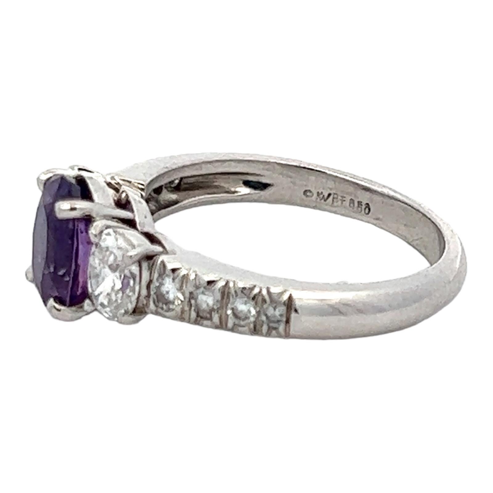 Modern Violet Oval Sapphire Diamond Platinum Solitaire With Accents Cocktail Ring  For Sale