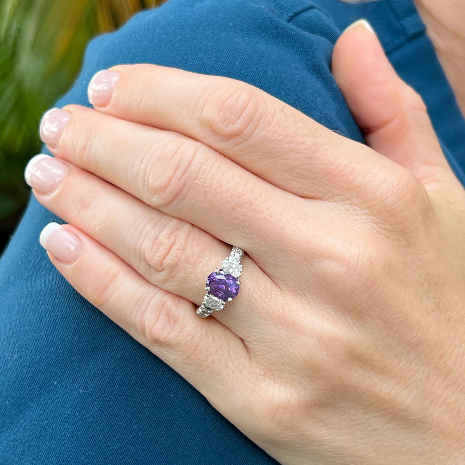 Violet Oval Sapphire Diamond Platinum Solitaire With Accents Cocktail Ring  In Excellent Condition For Sale In Boca Raton, FL