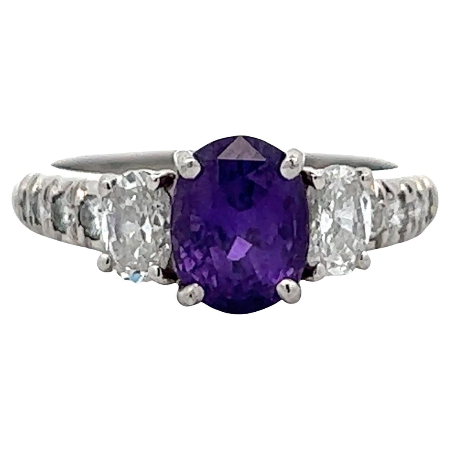 Violet Oval Sapphire Diamond Platinum Solitaire With Accents Cocktail Ring  For Sale