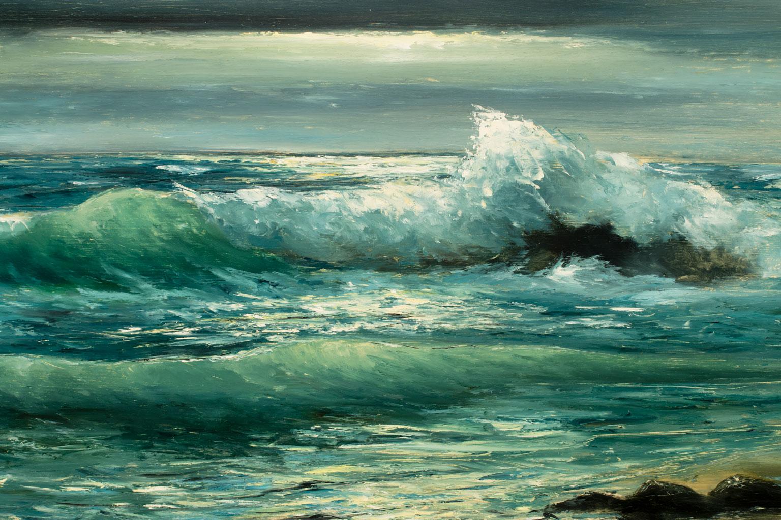 Untitled Seascape, an original oil on board by Violet Parkhurst, is a piece for the true collector. Parkhurst's unique ability to capture the ocean is second-to-none. Her works have captivated viewers for eight decades. She is regarded as one of the