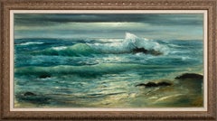 Vintage Large 4.5-Foot Framed Realist Seascape Oil Painting on Board by Violet Parkhurst