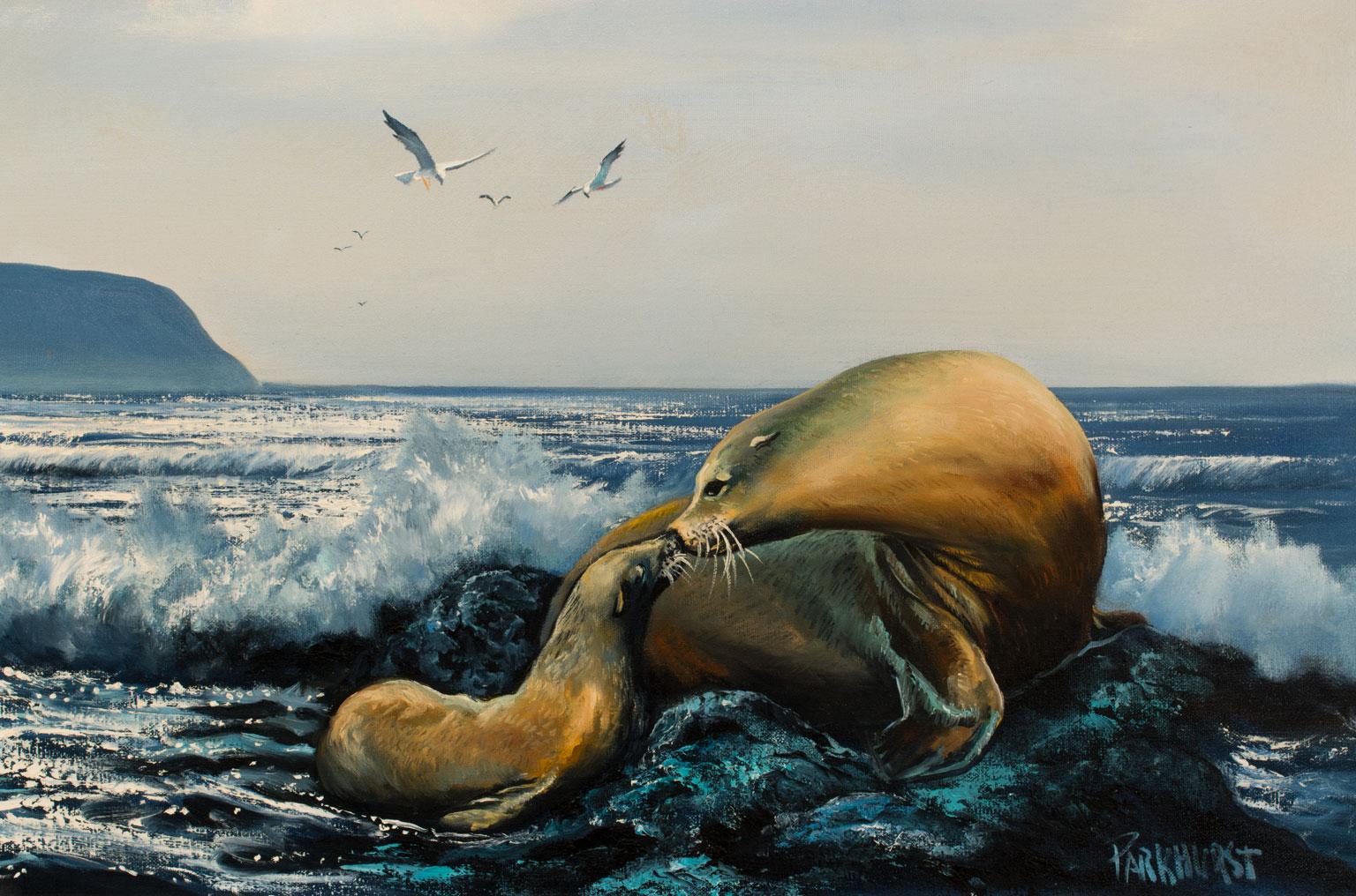 Large 4.5-Foot Seascape Oil Painting on Canvas by Violet Parkhurst, Framed 1