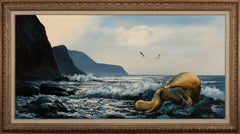 Vintage Large 4.5-Foot Seascape Oil Painting on Canvas by Violet Parkhurst, Framed