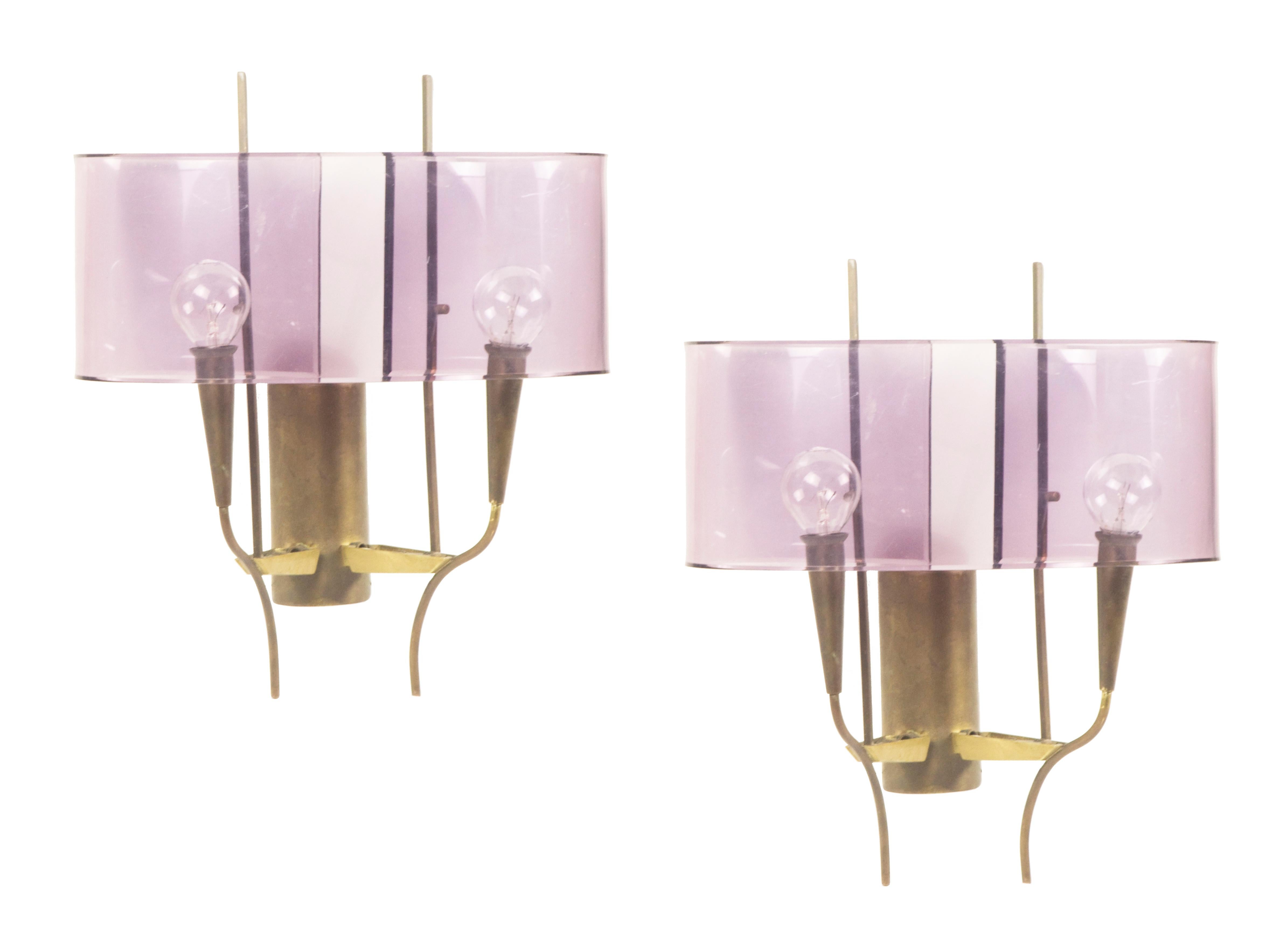 Mid-Century Modern Violet Perspex and Brass 2-Lights 1960s Wall Sconces by Stilux, Milano, Set of 2 For Sale