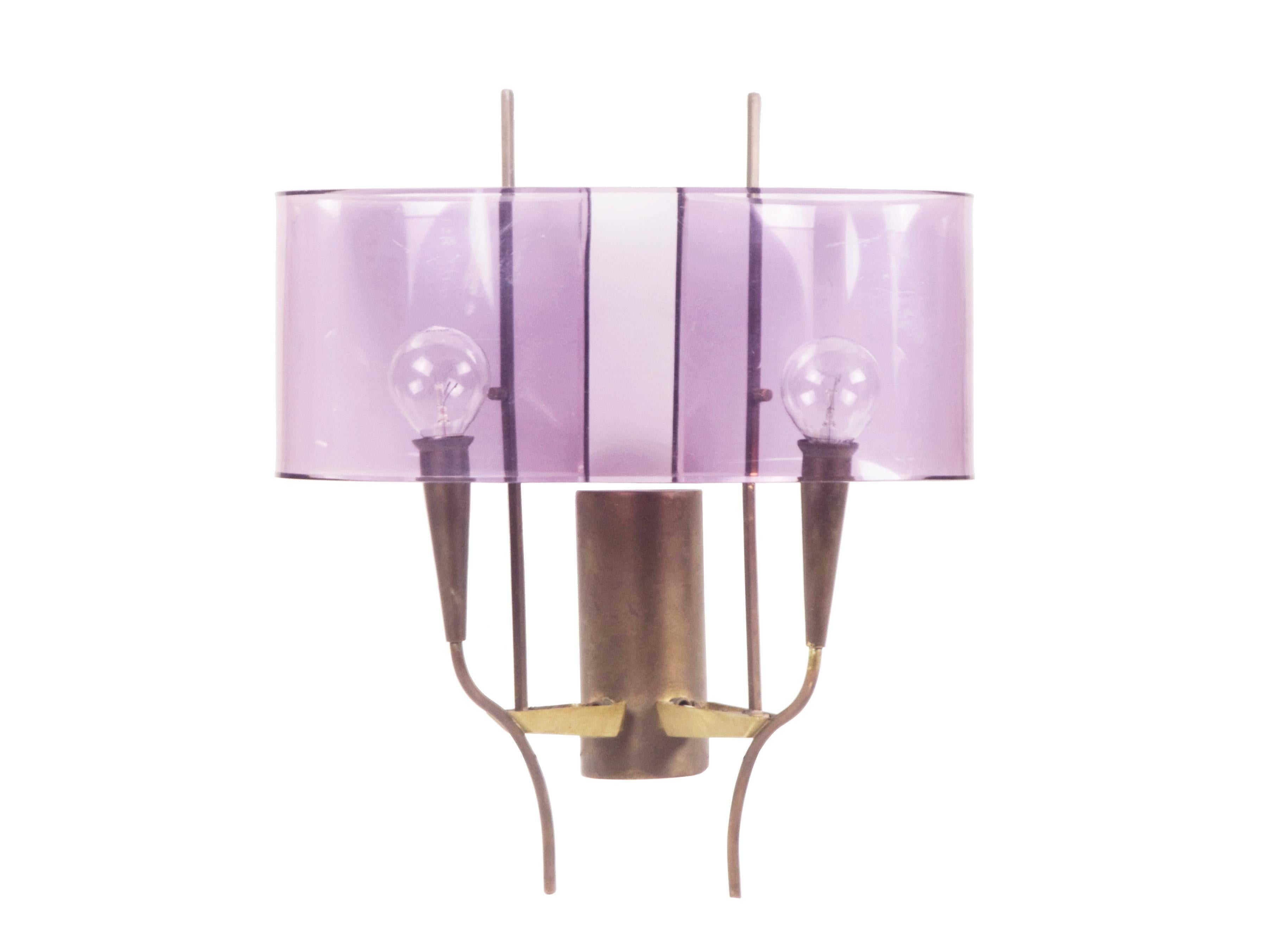 Italian Violet Perspex and Brass 2-Lights 1960s Wall Sconces by Stilux, Milano, Set of 2 For Sale