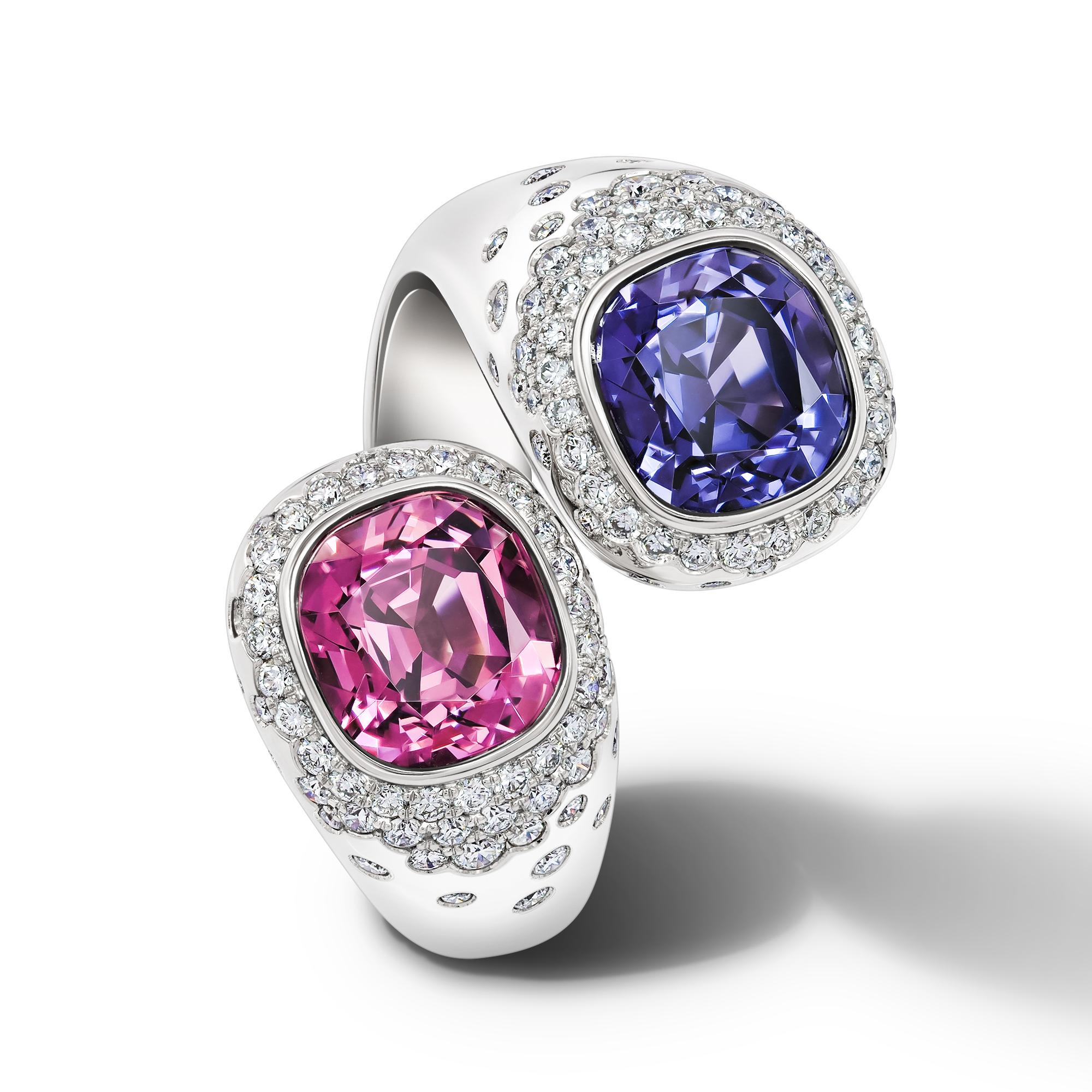 Rendevous Blue and Pink Spinel Ring 
•	18K White gold.  
•	Violet spinel in antique cushion cut – total carat weight 2.46. 
•	Pink Spinel in antique cushion cut – total carat weight 2.46. 
•	Diamonds – 126 pc in round cut – total carat weight