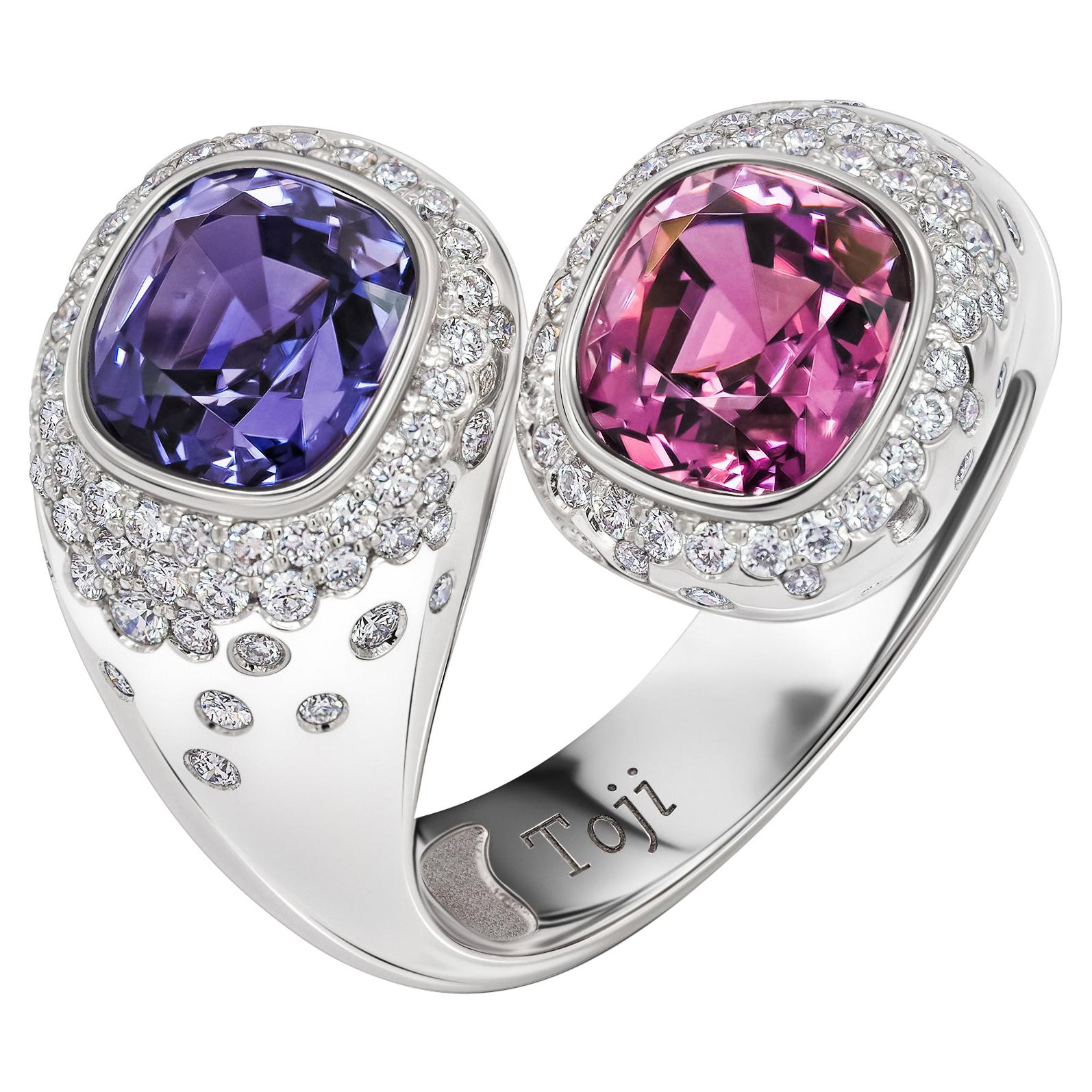 Violet & Pink Spinels Ring, 18K White Gold and Diamonds Ring For Sale