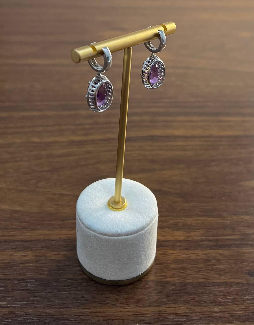 Violet Purple Amethyst Diamond Pave Halo 14K White Gold Statement Drop Earrings For Sale 5