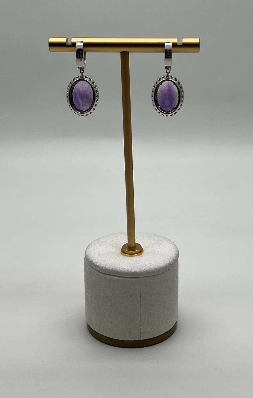 Oval Cut Violet Purple Amethyst Diamond Pave Halo 14K White Gold Statement Drop Earrings For Sale