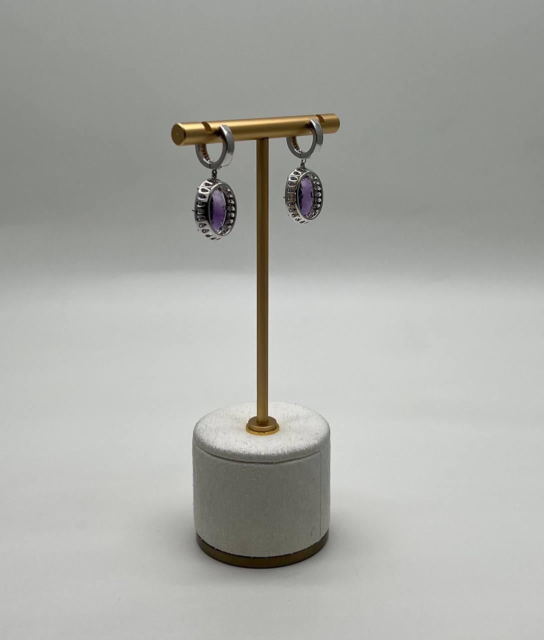 Violet Purple Amethyst Diamond Pave Halo 14K White Gold Statement Drop Earrings In New Condition For Sale In Oakton, VA