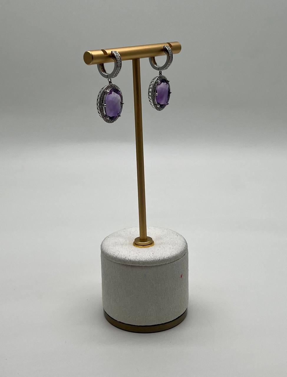 Women's Violet Purple Amethyst Diamond Pave Halo 14K White Gold Statement Drop Earrings For Sale