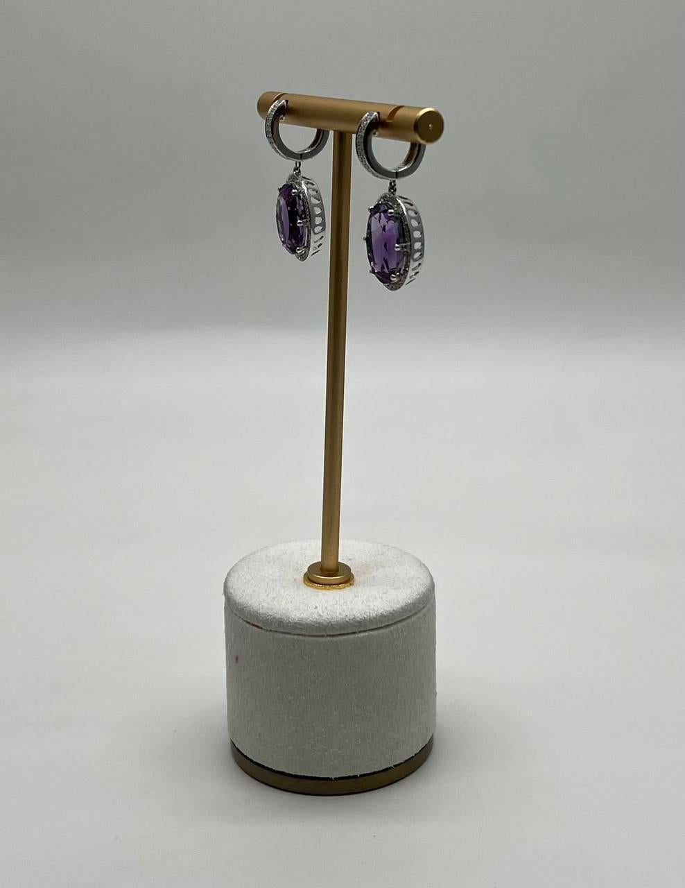 Violet Purple Amethyst Diamond Pave Halo 14K White Gold Statement Drop Earrings For Sale 1