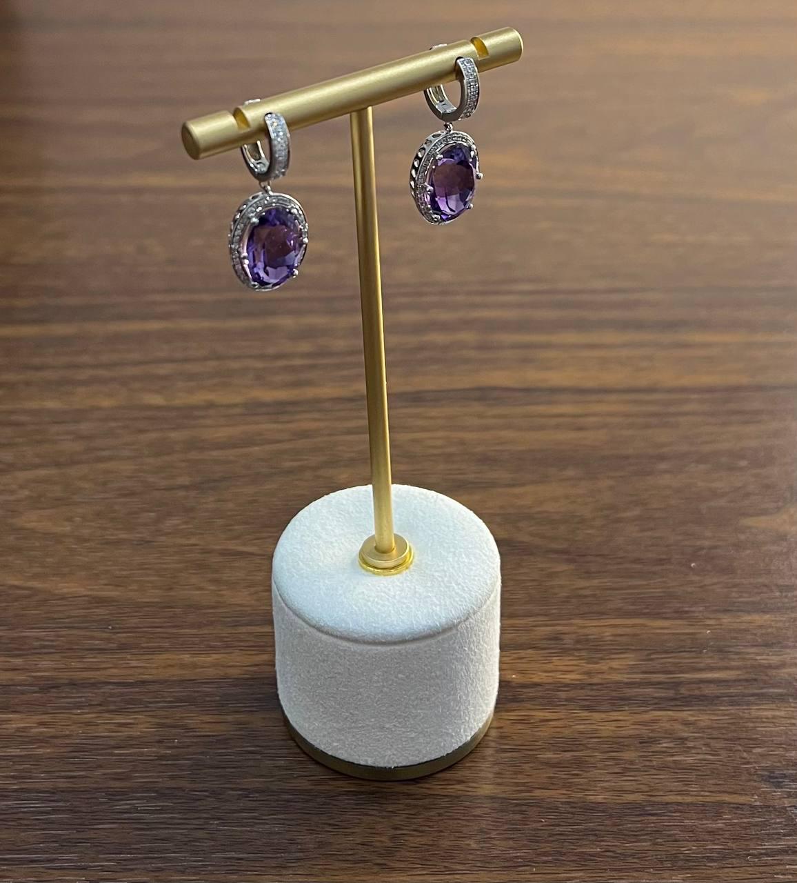Violet Purple Amethyst Diamond Pave Halo 14K White Gold Statement Drop Earrings For Sale 2