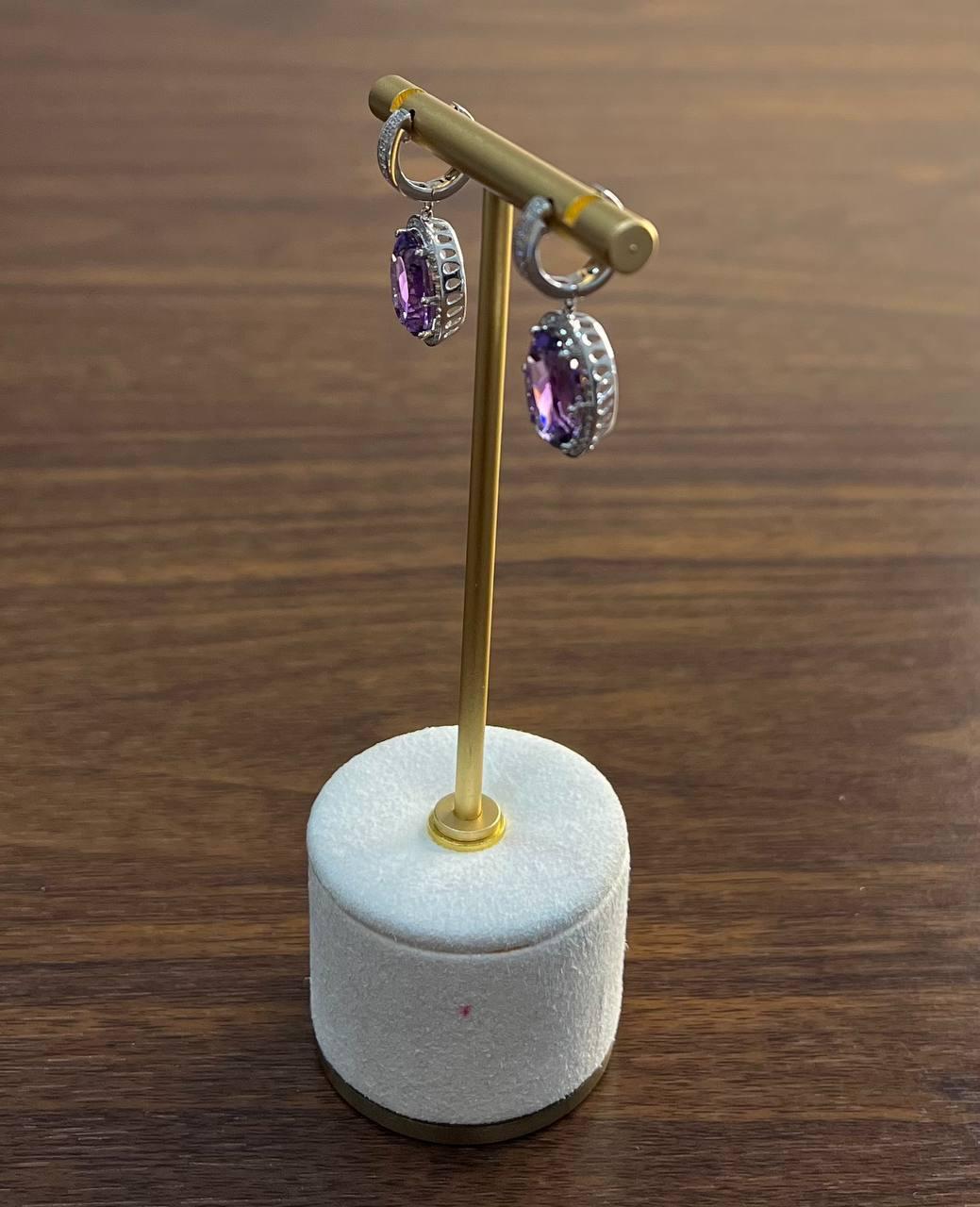 Violet Purple Amethyst Diamond Pave Halo 14K White Gold Statement Drop Earrings For Sale 3