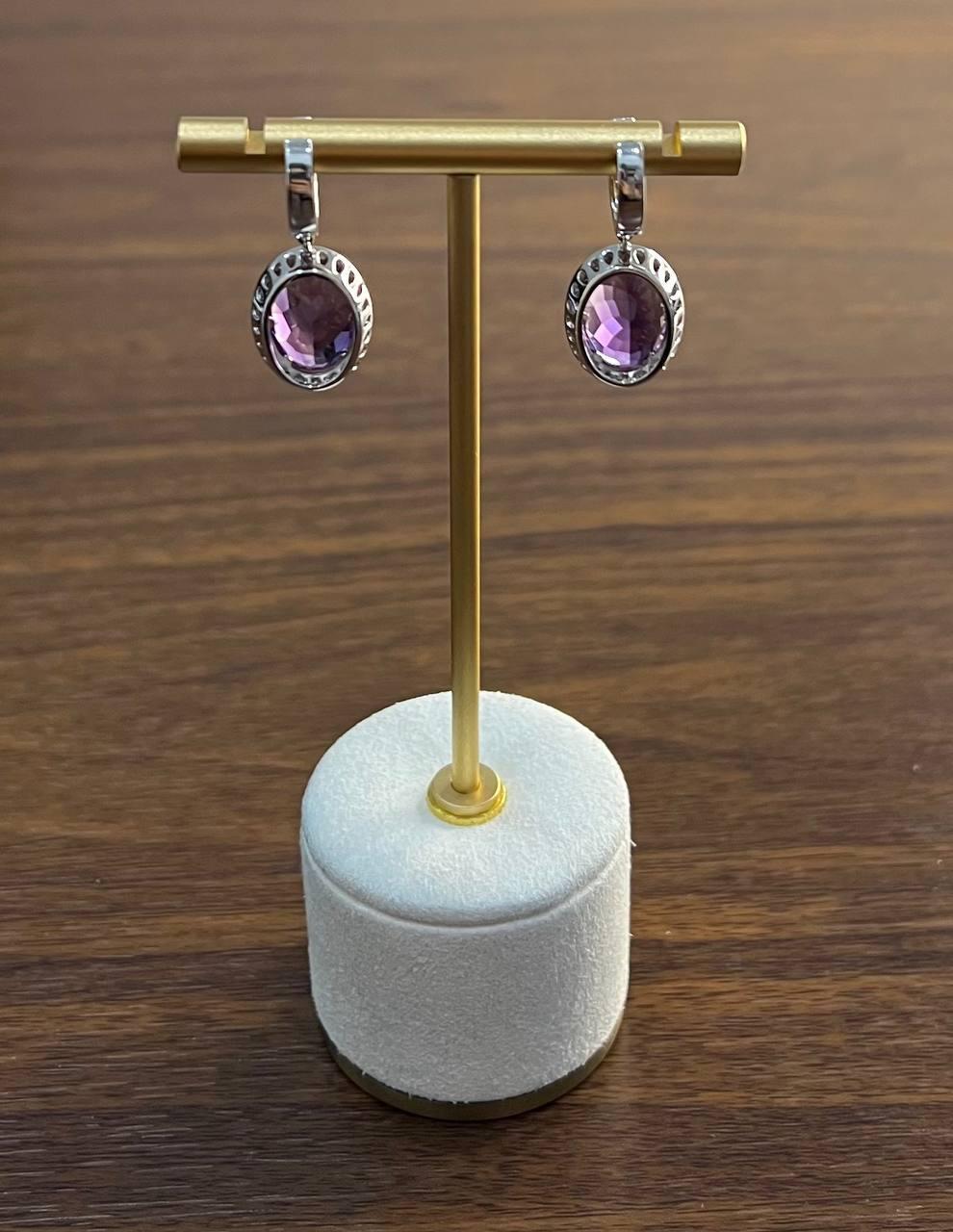 Violet Purple Amethyst Diamond Pave Halo 14K White Gold Statement Drop Earrings For Sale 4