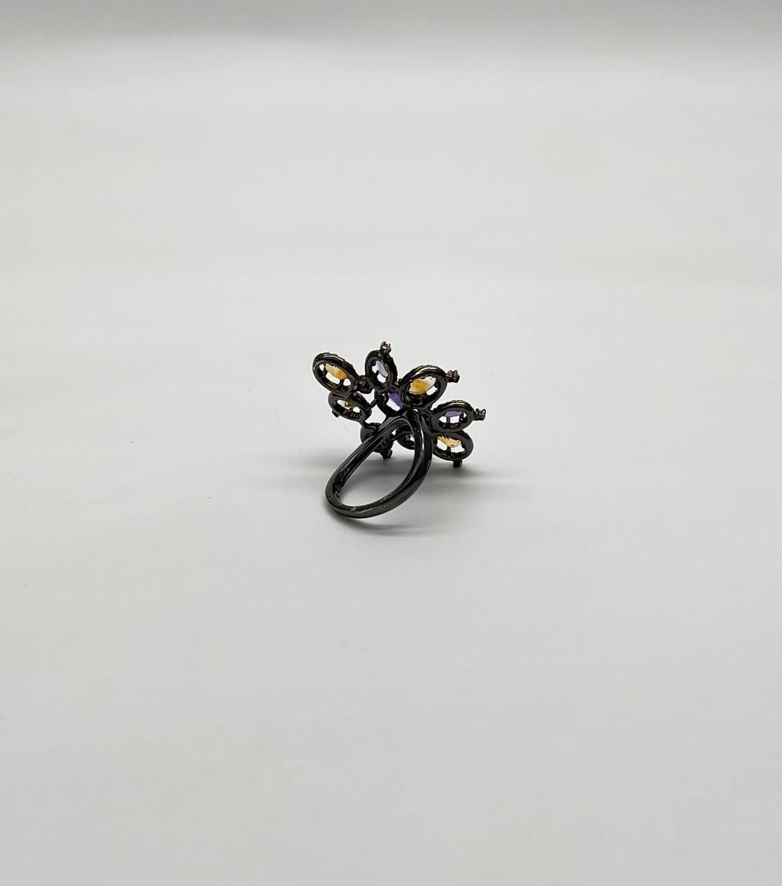 Violet Purple Amethyst Orange Citrine Diamonds Halo 14K Black Gold Flower Ring For Sale 5