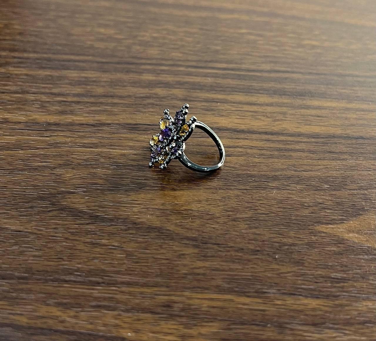 Oval Cut Violet Purple Amethyst Orange Citrine Diamonds Halo 14K Black Gold Flower Ring For Sale