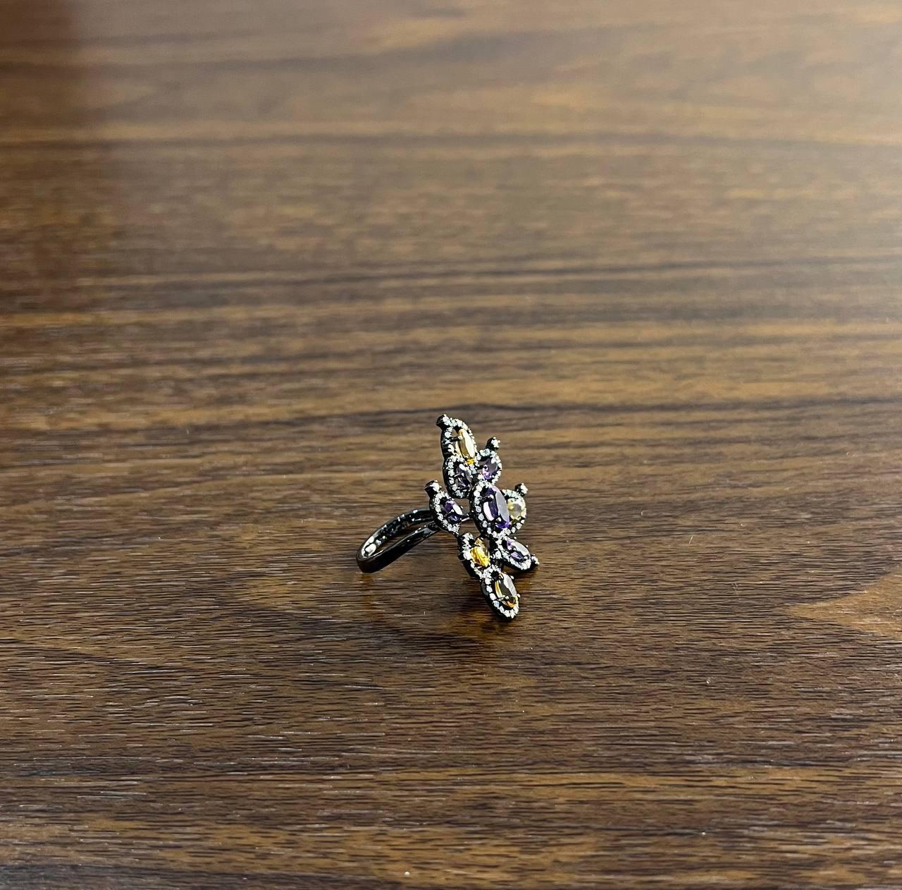 Violet Purple Amethyst Orange Citrine Diamonds Halo 14K Black Gold Flower Ring In New Condition For Sale In Oakton, VA