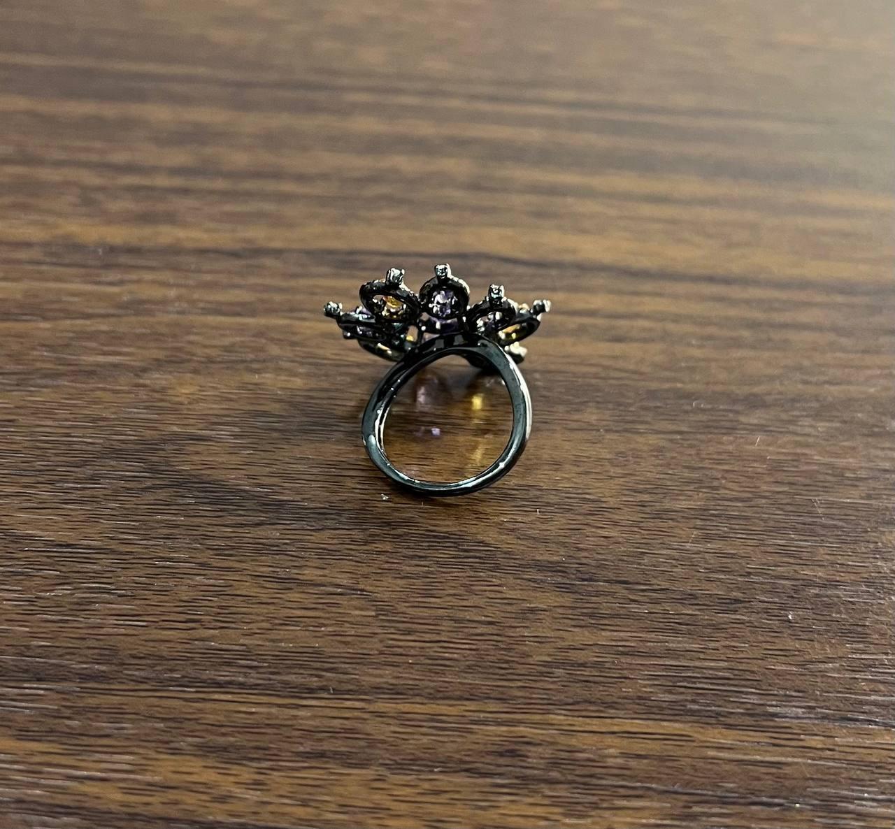 Women's Violet Purple Amethyst Orange Citrine Diamonds Halo 14K Black Gold Flower Ring For Sale