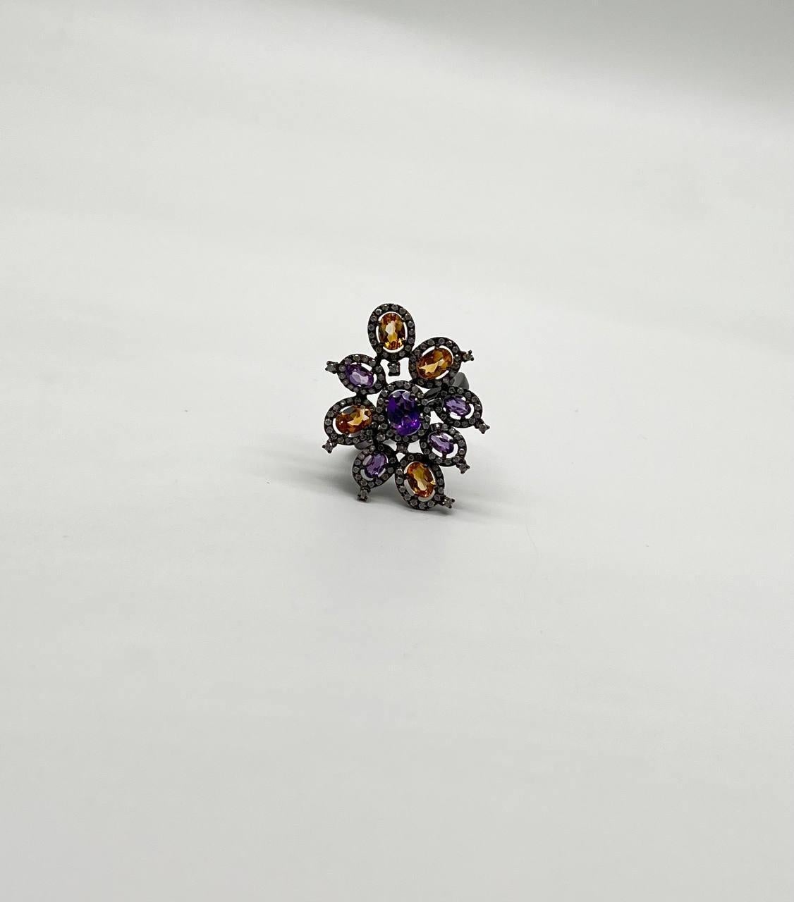 Violet Purple Amethyst Orange Citrine Diamonds Halo 14K Black Gold Flower Ring For Sale 1