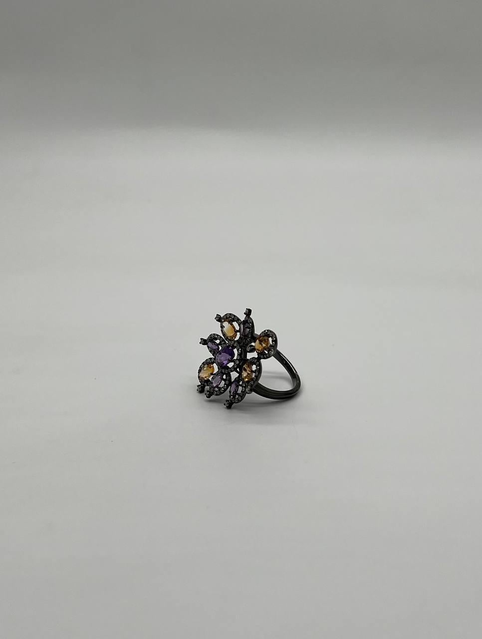 Violet Purple Amethyst Orange Citrine Diamonds Halo 14K Black Gold Flower Ring For Sale 2
