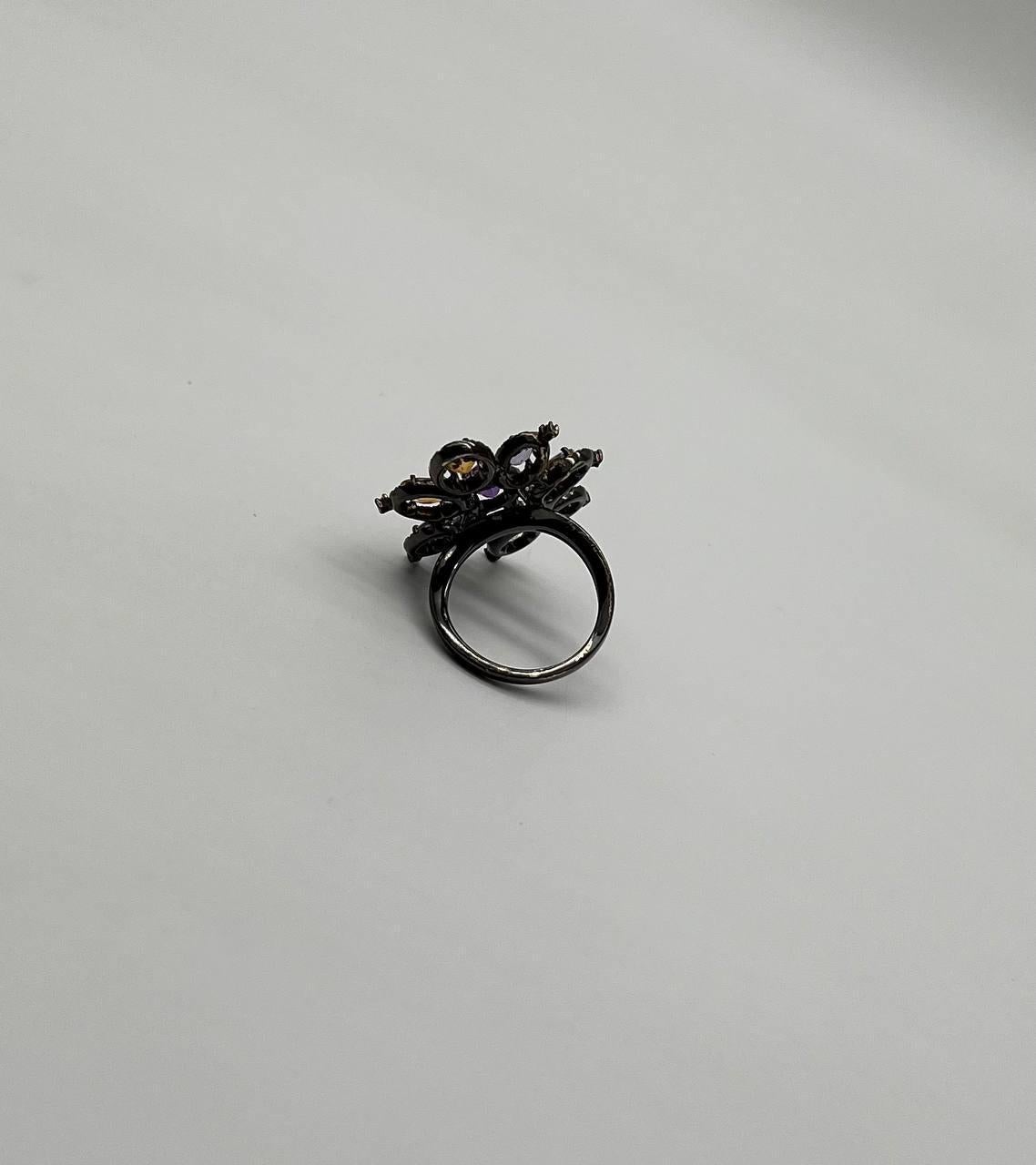 Violet Purple Amethyst Orange Citrine Diamonds Halo 14K Black Gold Flower Ring For Sale 3
