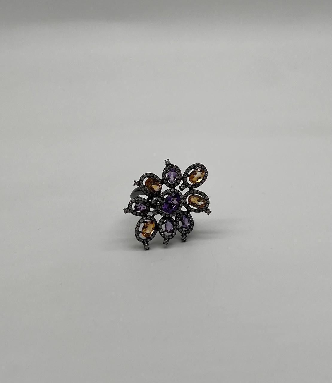 Violet Purple Amethyst Orange Citrine Diamonds Halo 14K Black Gold Flower Ring For Sale 4