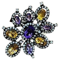 Viola Ametista Arancione Citrino Diamanti Halo Anello con fiore in oro nero 14K