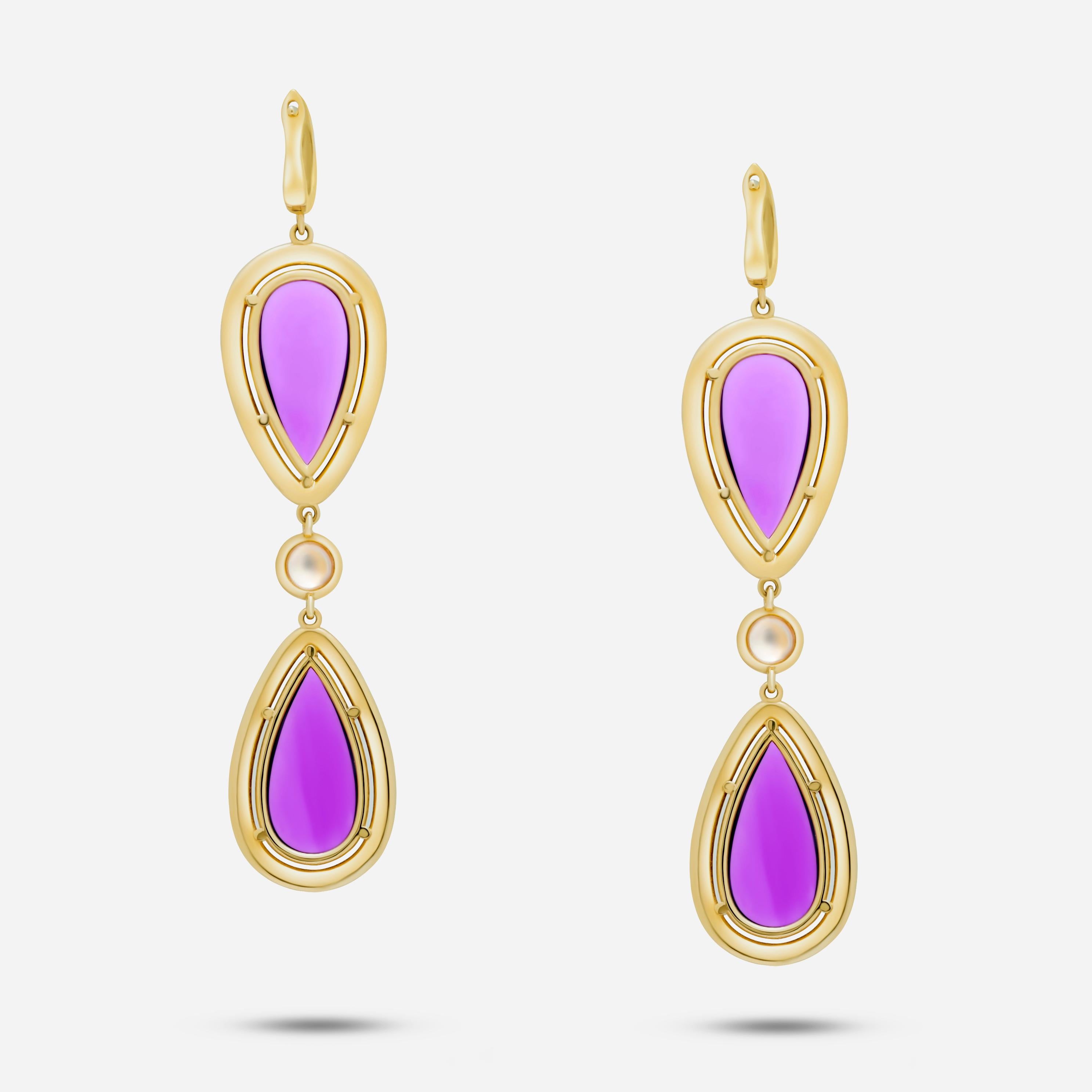 Art Deco Violet Purple Amethyst Pear Drop Diamond Halo 14 Karat Gold Drop Dangle Earrings For Sale
