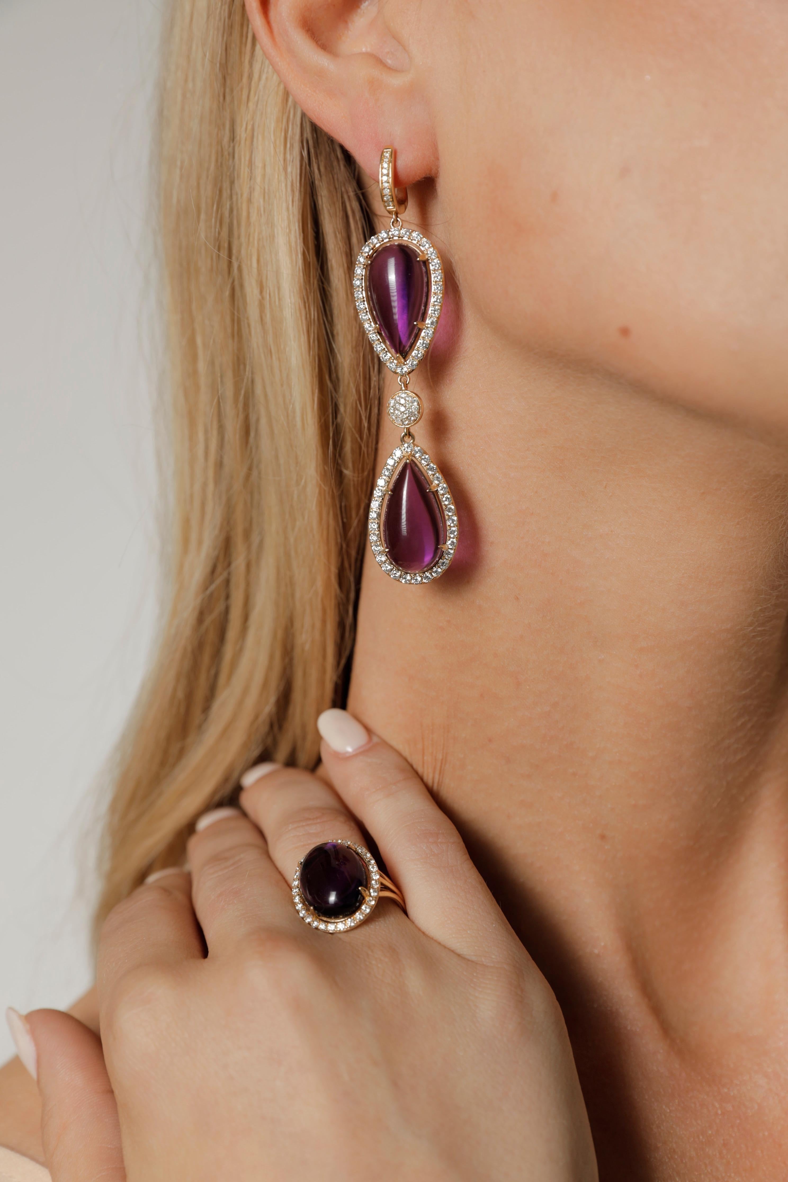 Pear Cut Violet Purple Amethyst Pear Drop Diamond Halo 14 Karat Gold Drop Dangle Earrings For Sale