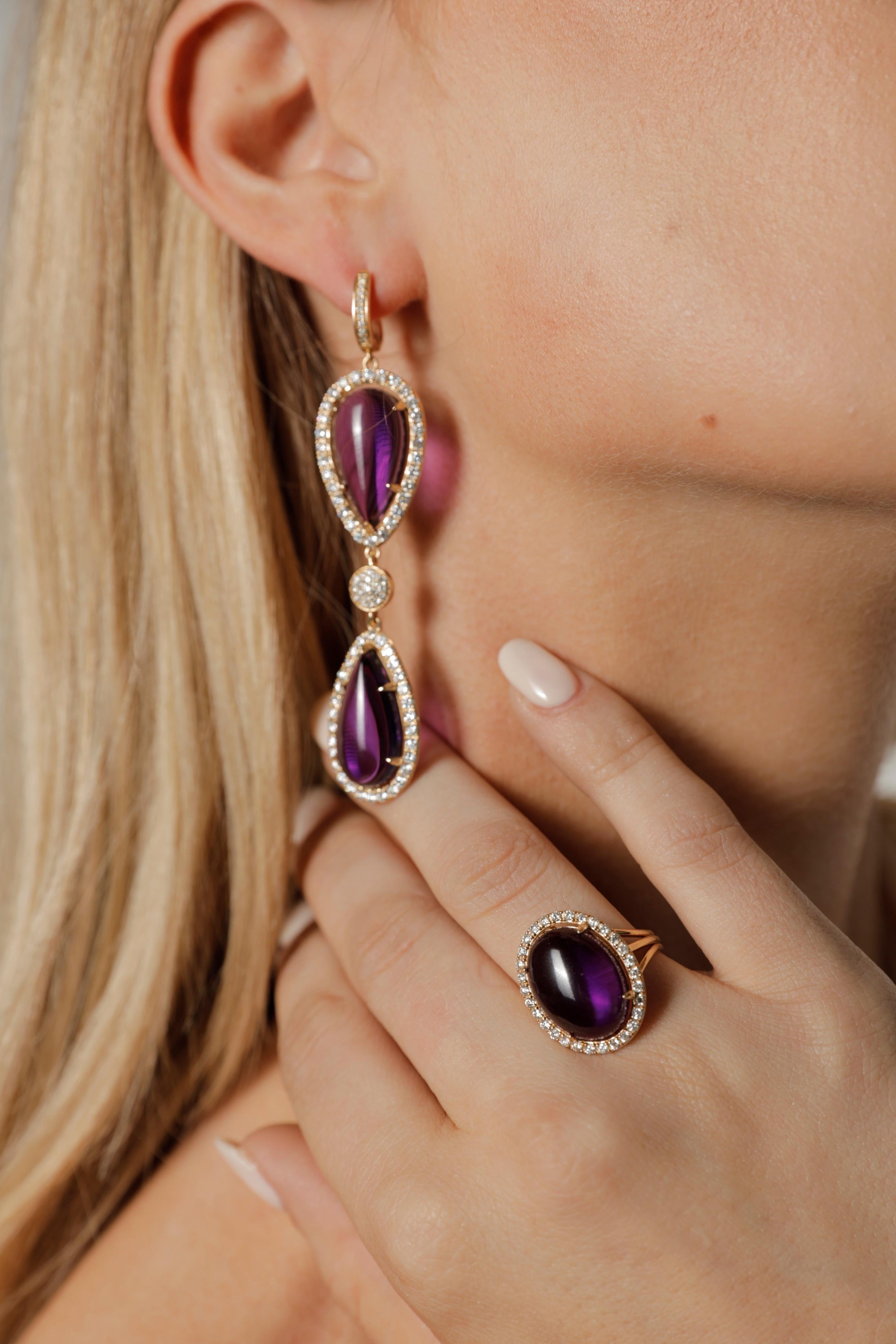 Violet Purple Amethyst Pear Drop Diamond Halo 14 Karat Gold Drop Dangle Earrings In New Condition For Sale In Oakton, VA
