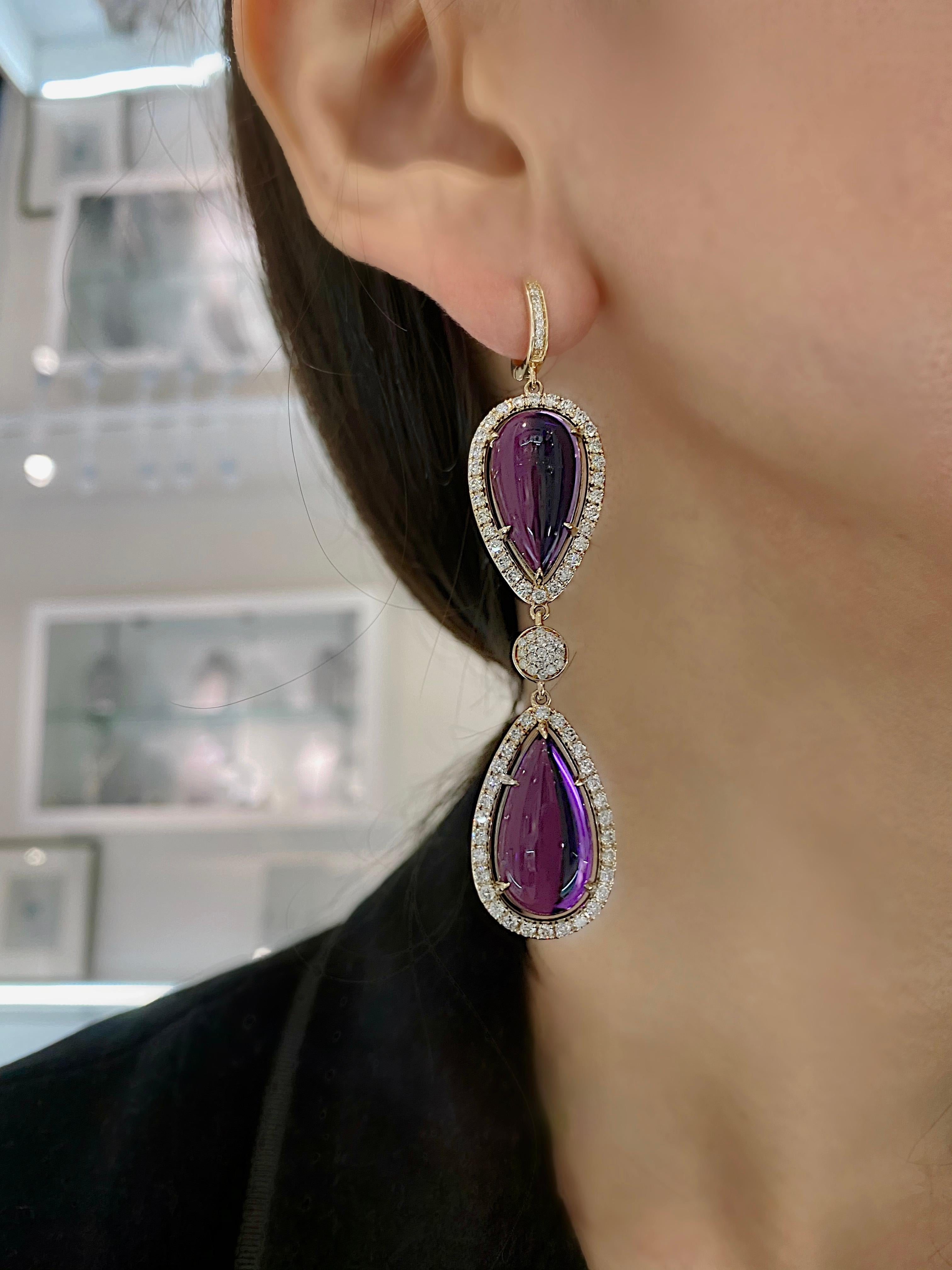 Women's Violet Purple Amethyst Pear Drop Diamond Halo 14 Karat Gold Drop Dangle Earrings For Sale