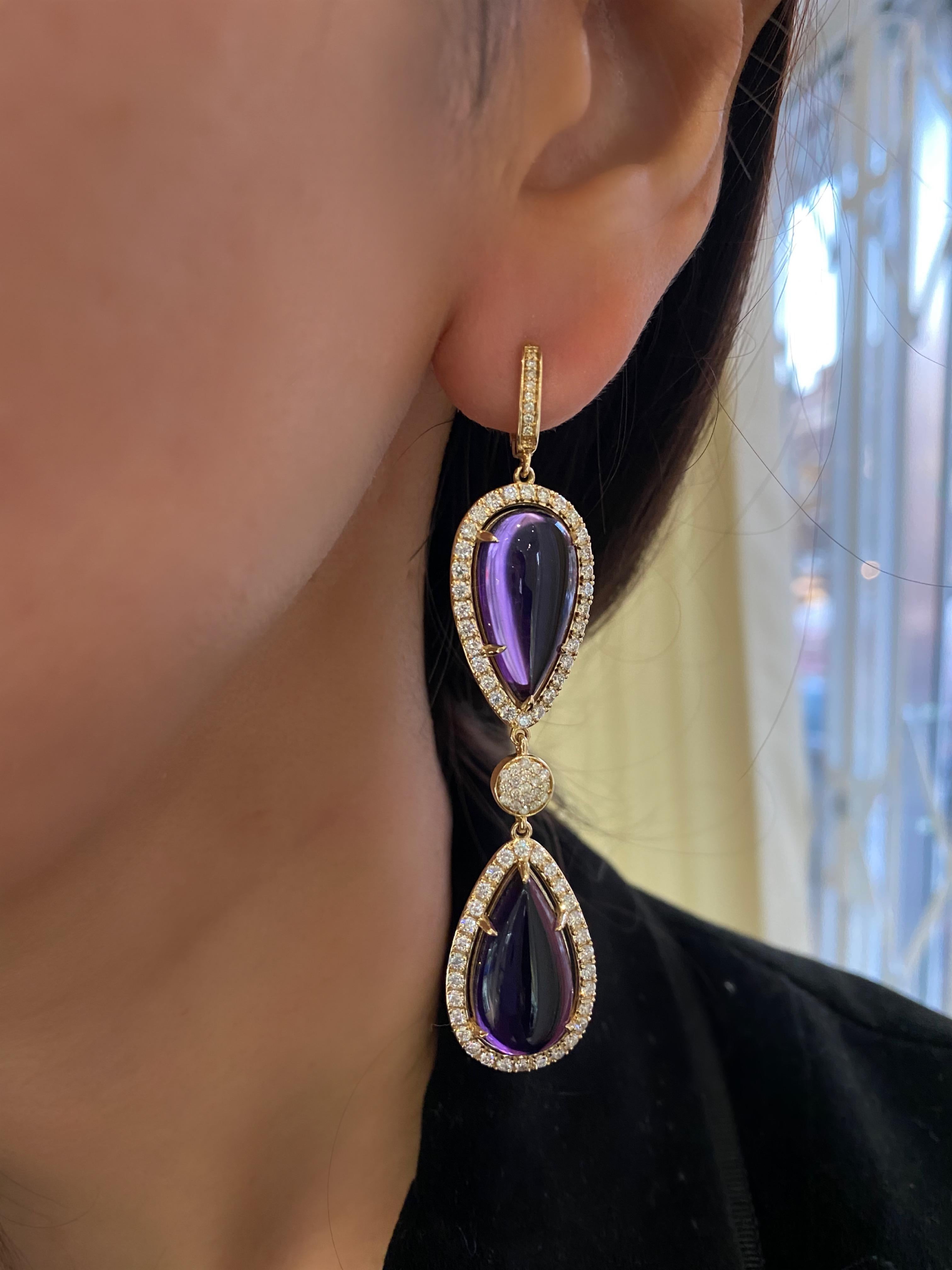Violet Purple Amethyst Pear Drop Diamond Halo 14 Karat Gold Drop Dangle Earrings For Sale 1
