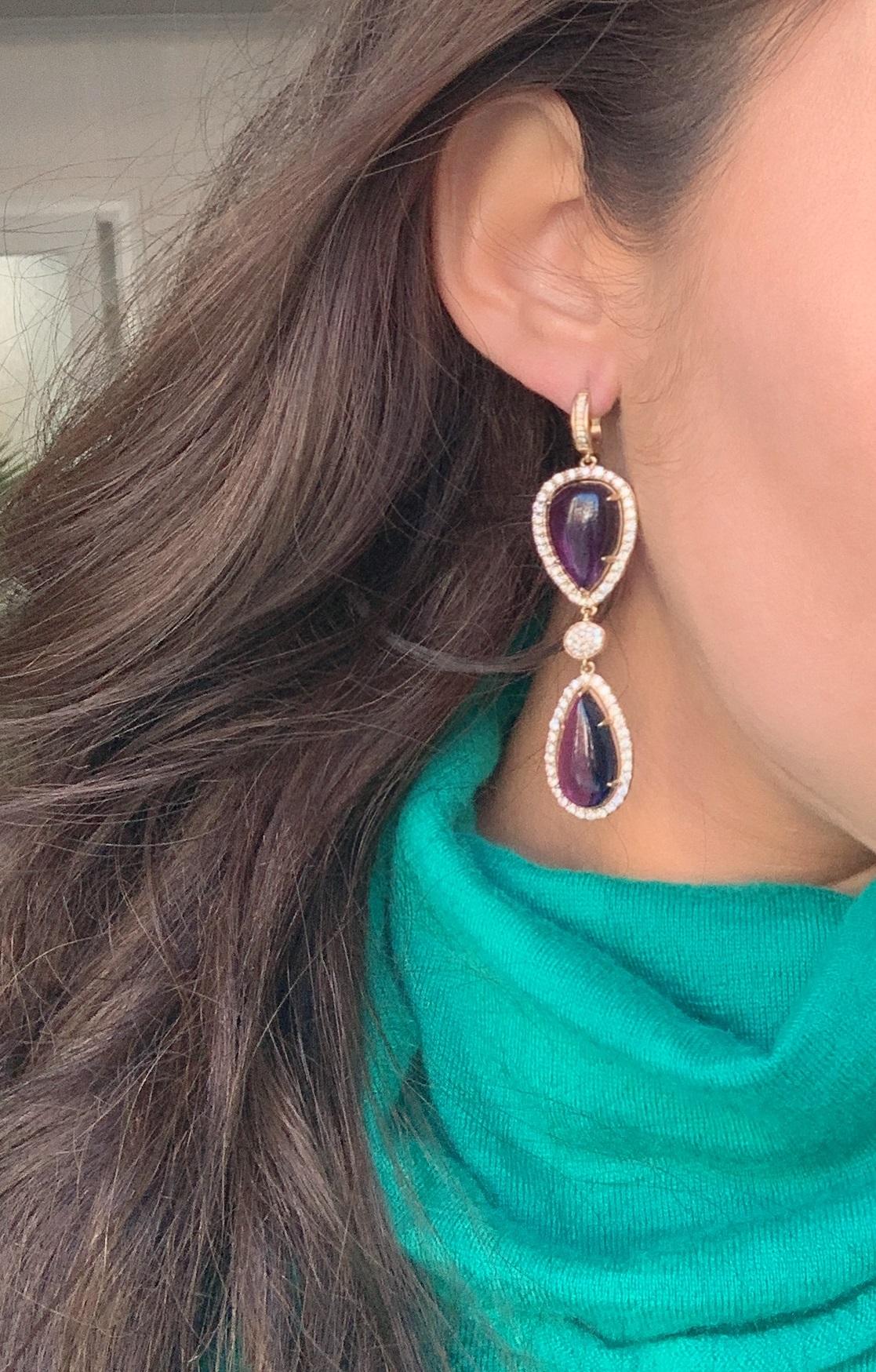 Violet Purple Amethyst Pear Drop Diamond Halo 14 Karat Gold Drop Dangle Earrings For Sale 2