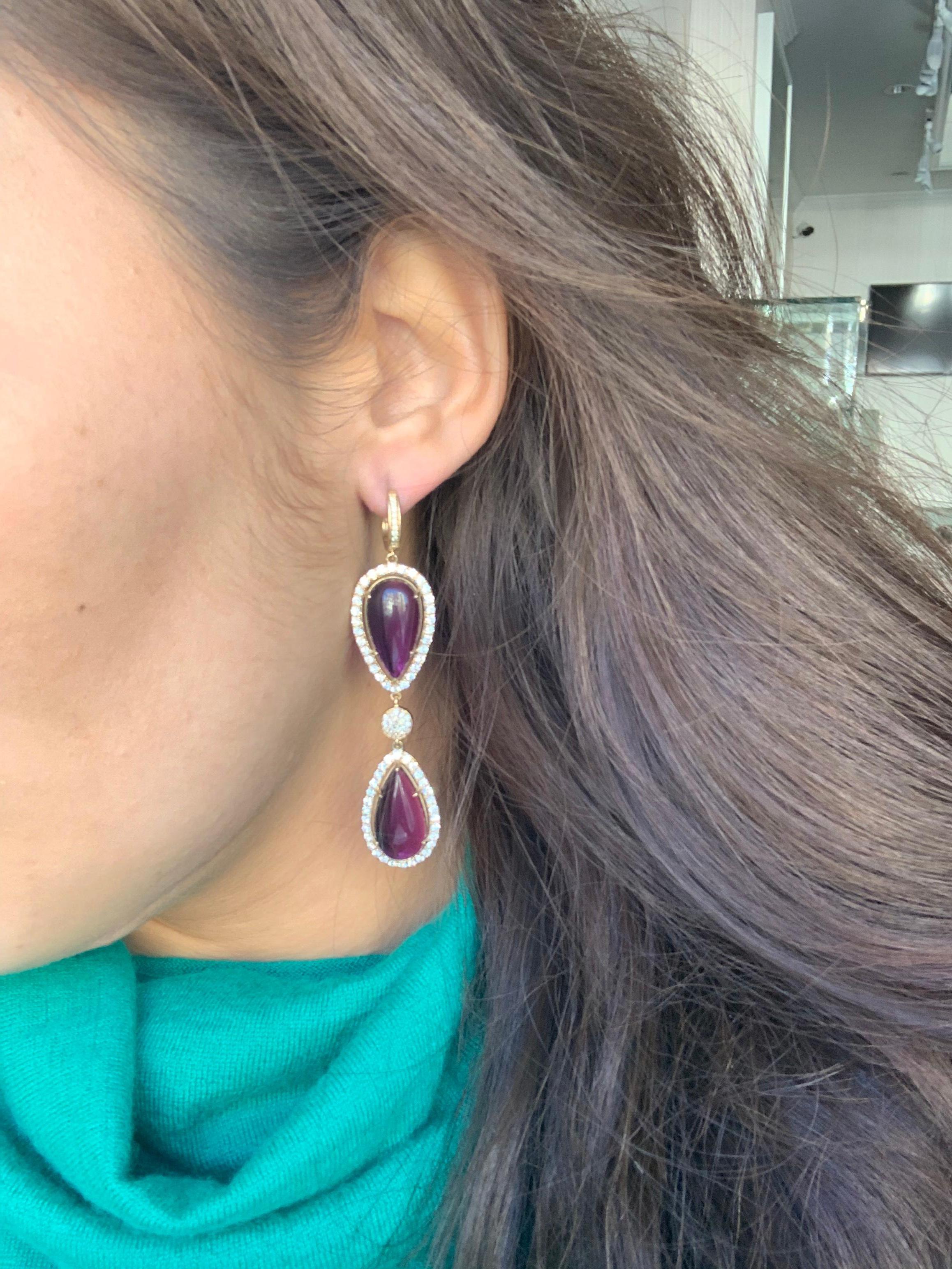 Violet Purple Amethyst Pear Drop Diamond Halo 14 Karat Gold Drop Dangle Earrings For Sale 3