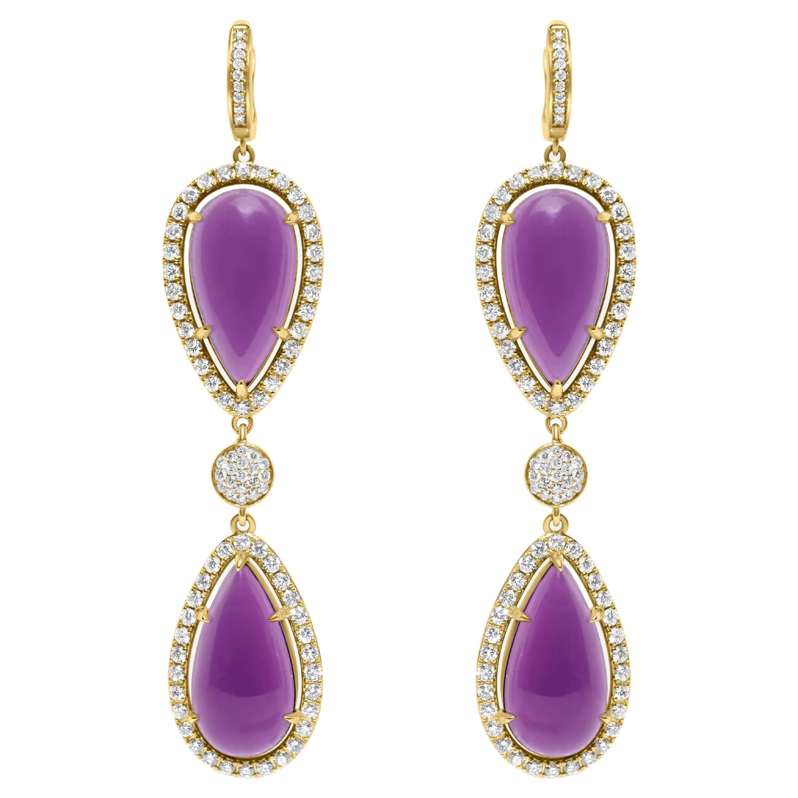 Violet Purple Amethyst Pear Drop Diamond Halo 14 Karat Gold Drop Dangle Earrings For Sale
