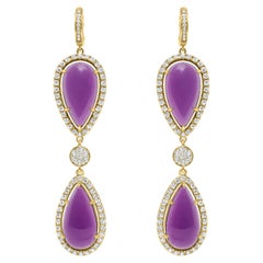 Boucles d'oreilles pendantes en or 14 carats avec pendentifs en diamant et améthyste violette en forme de poire