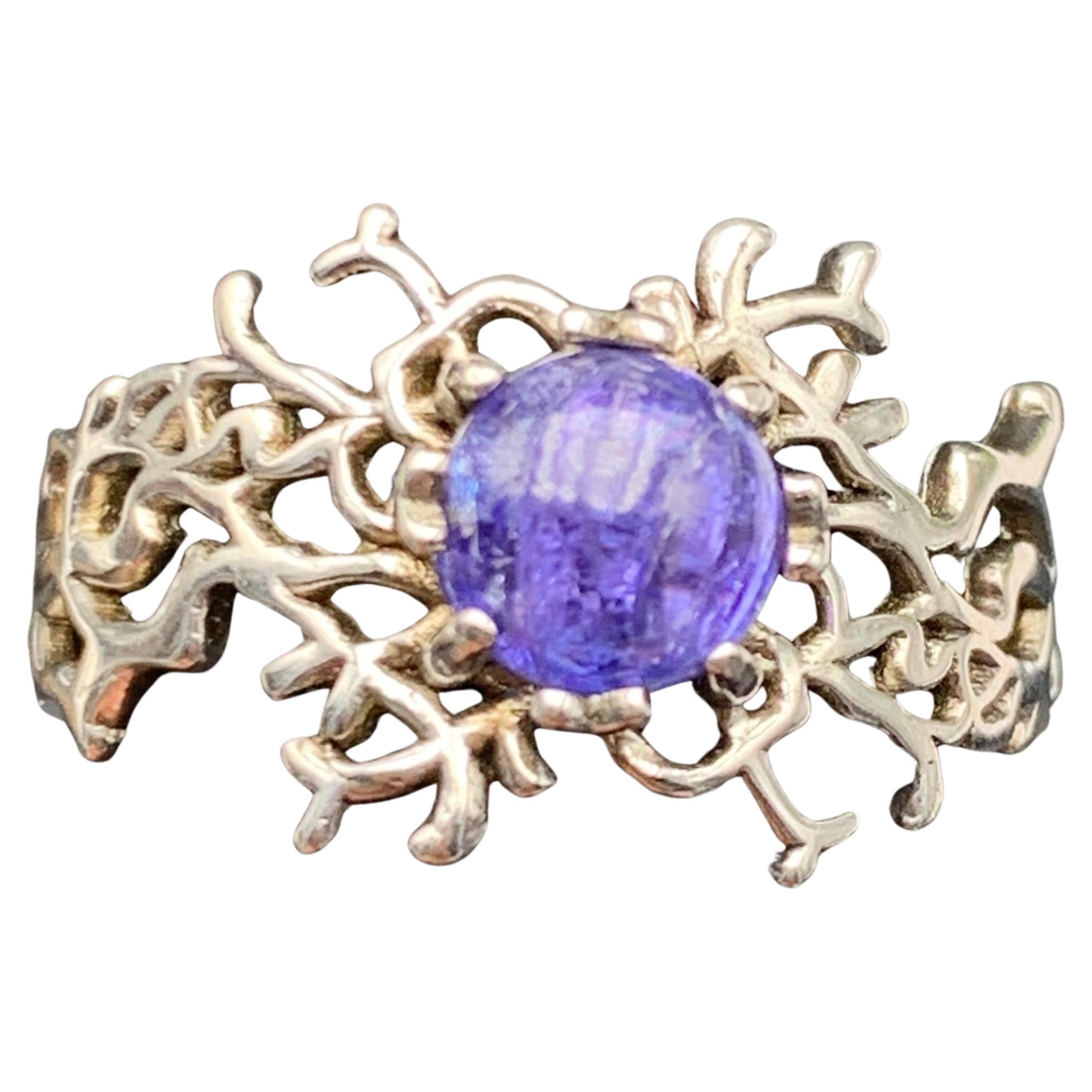 Violet Purple Natural Tanzanite Gemstone Ring 925 Sterling Silver Round Cabochon