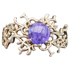 Violeta Púrpura Tanzanita Natural Anillo de Plata de Ley 925 Cabujón Redondo