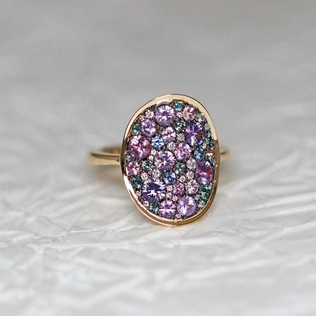 Violet Purple pink Padparadscha Sapphire Alexandrite Blue Sapphire Pave Ring 7