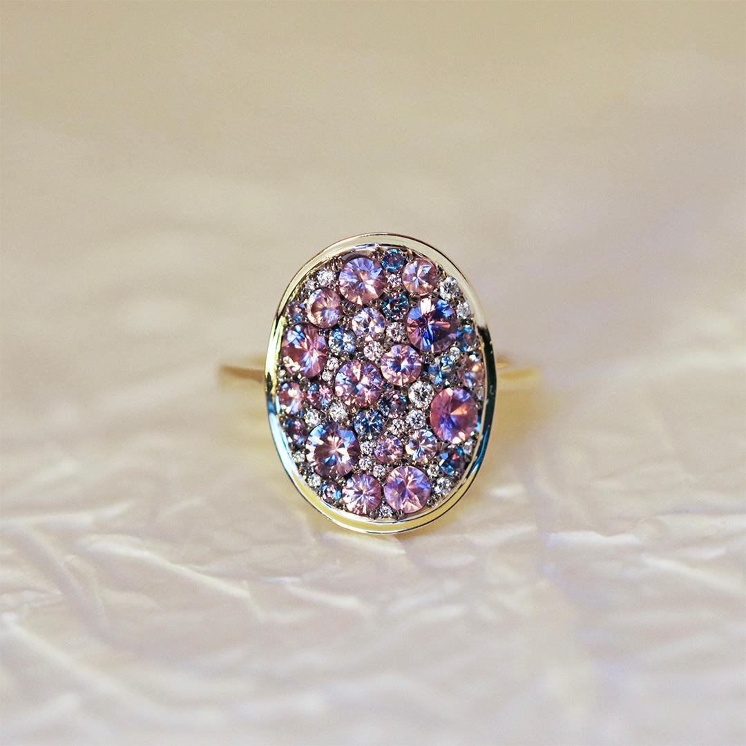 Violet Purple pink Padparadscha Sapphire Alexandrite Blue Sapphire Pave Ring 8