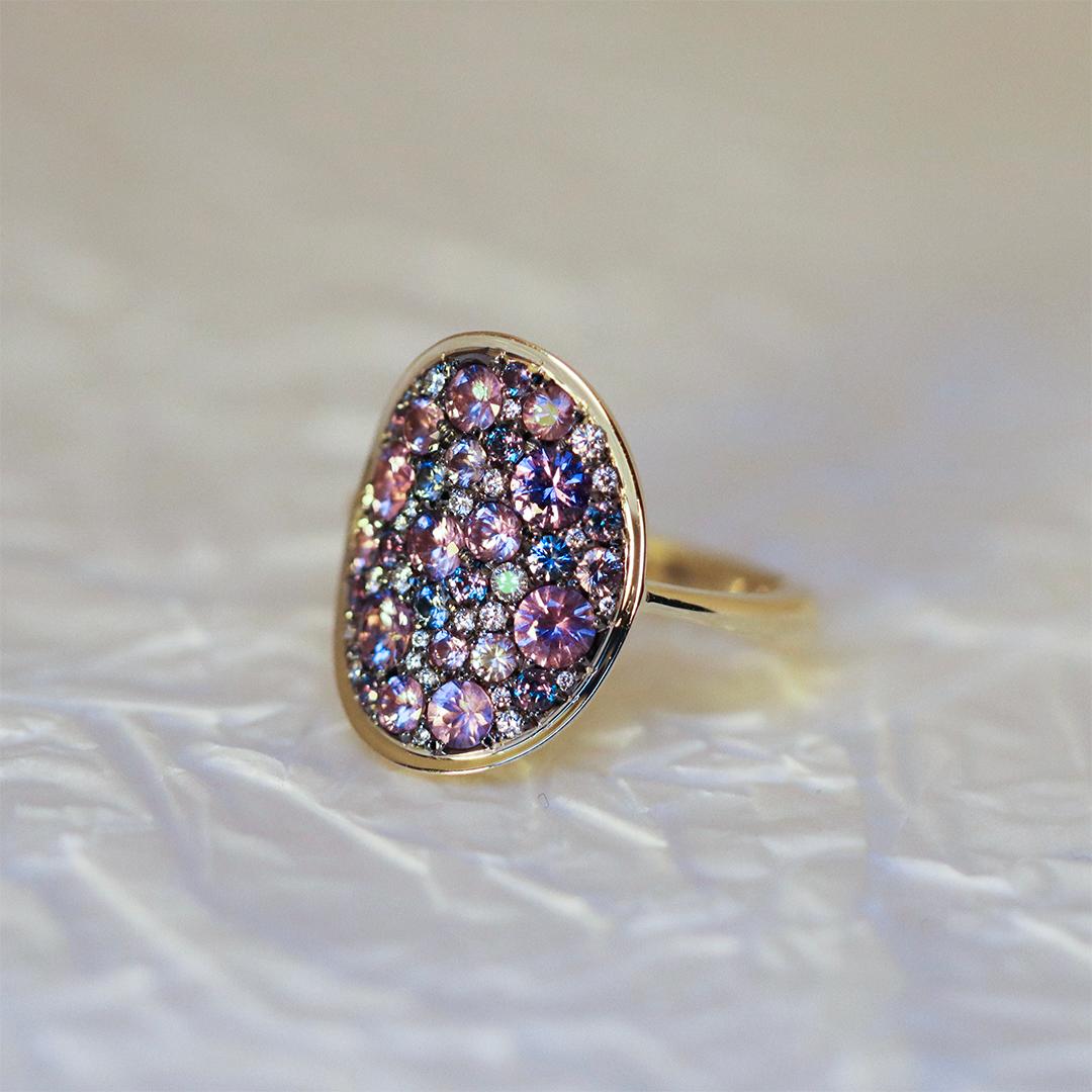 Brilliant Cut Violet Purple pink Padparadscha Sapphire Alexandrite Blue Sapphire Pave Ring